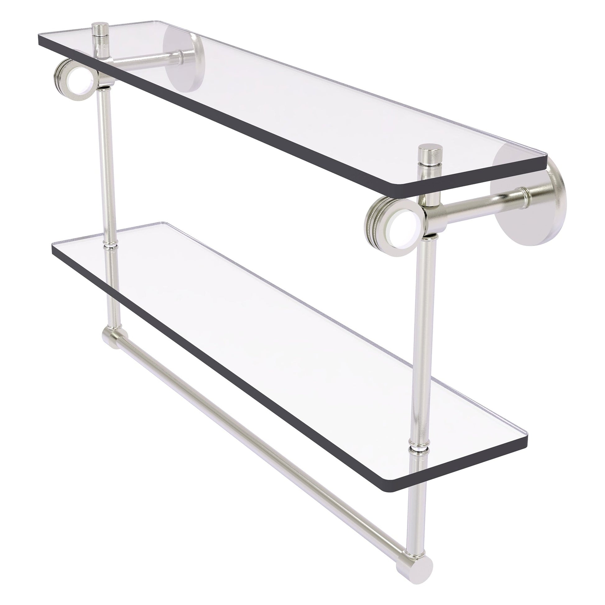 Allied Brass Clearview 22" x 5.6" Satin Nickel Solid Brass Double Glass Shelf With Towel Bar and Dotted Accents