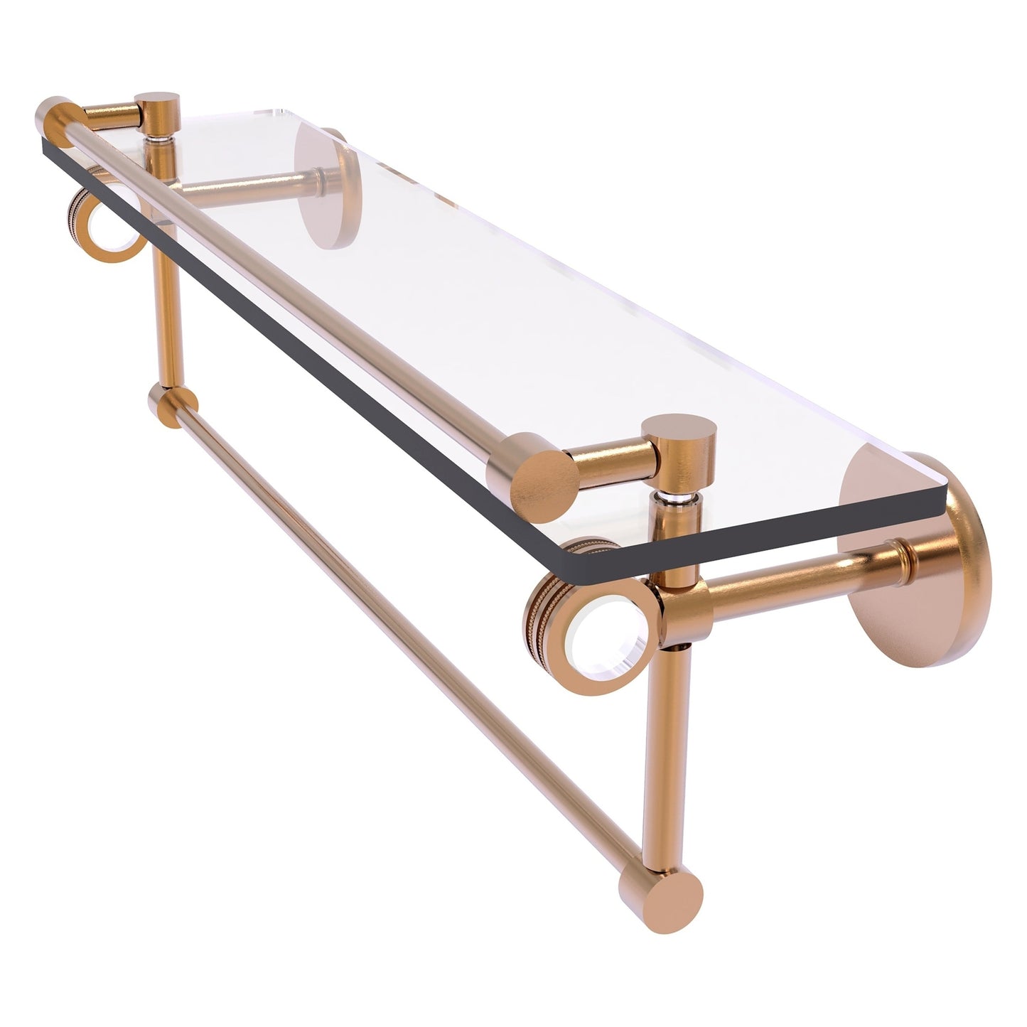 Allied Brass Clearview 22" x 5.8" Brushed Bronze Solid Brass Glass Gallery Shelf With Towel Bar and Dotted Accents