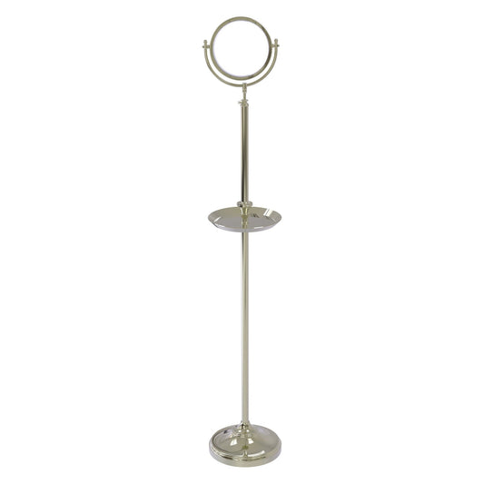 Allied Brass DMF-3/2X 10.5" x 10.5" Polished Nickel Solid Brass Floor Standing Make-Up Mirror With 2X Magnification and Shaving Tray
