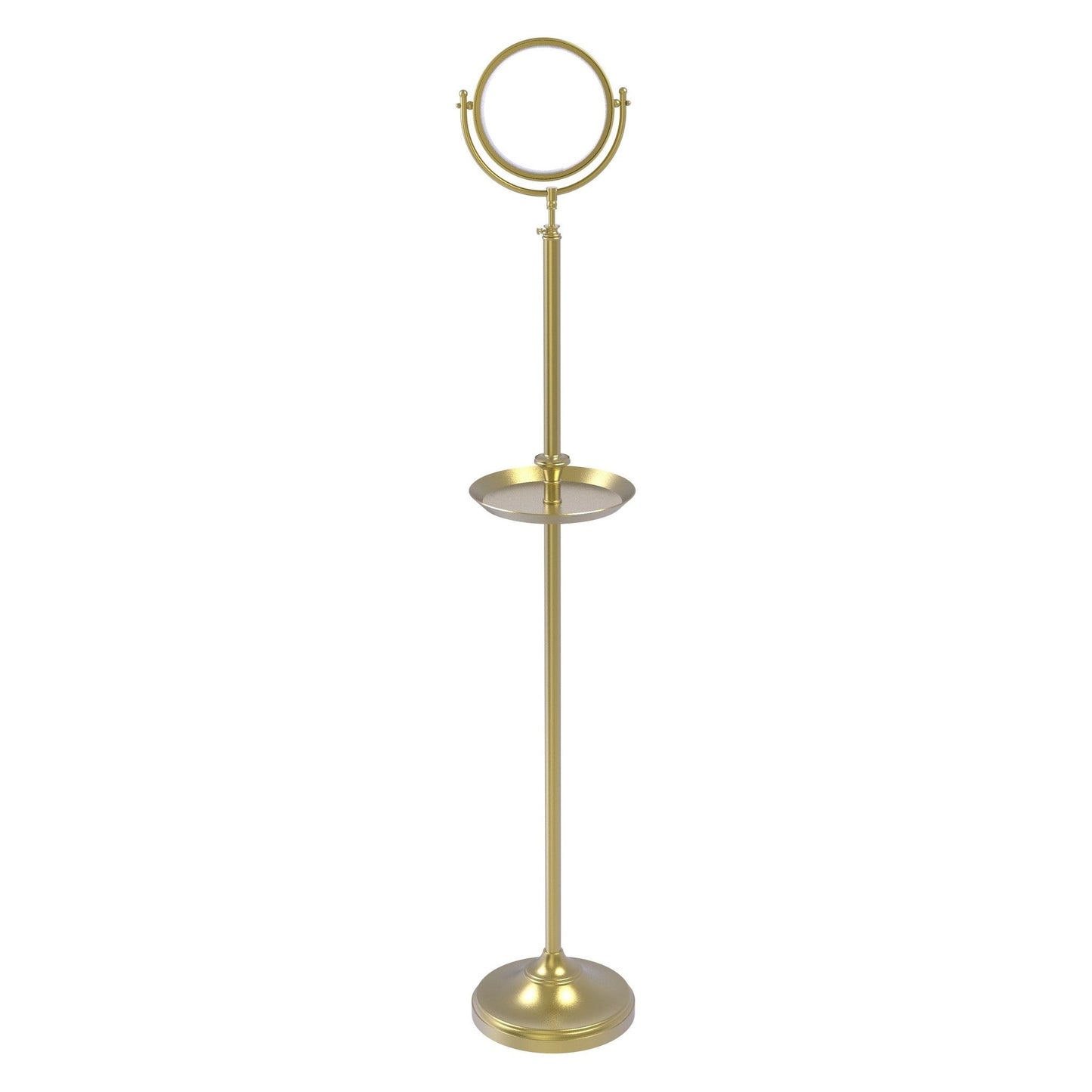 Allied Brass DMF-3/2X 10.5" x 10.5" Satin Brass Solid Brass Floor Standing Make-Up Mirror With 2X Magnification and Shaving Tray
