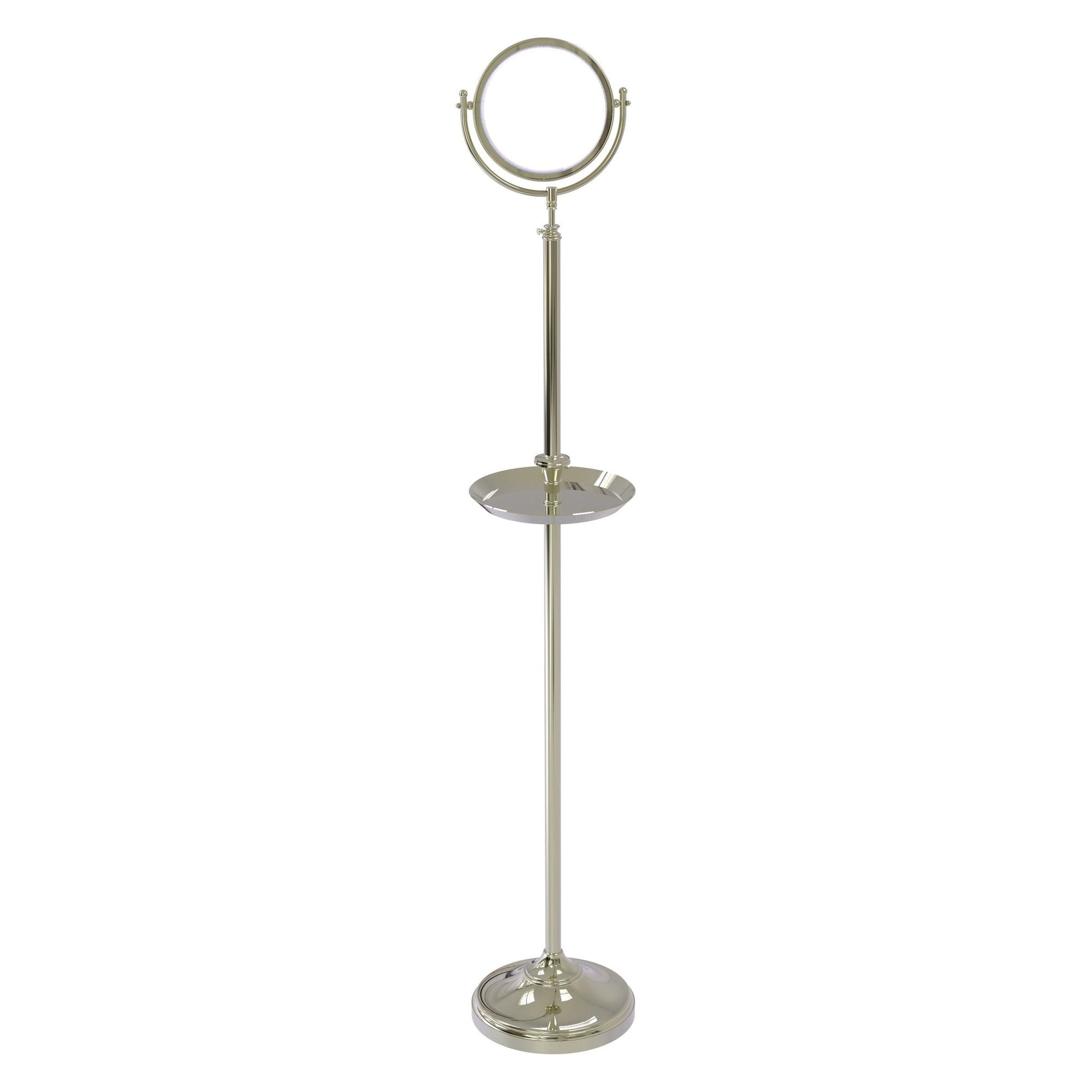 Allied Brass DMF-3/3X 10.5" x 10.5" Polished Nickel Solid Brass Floor Standing Make-Up Mirror With 3X Magnification and Shaving Tray