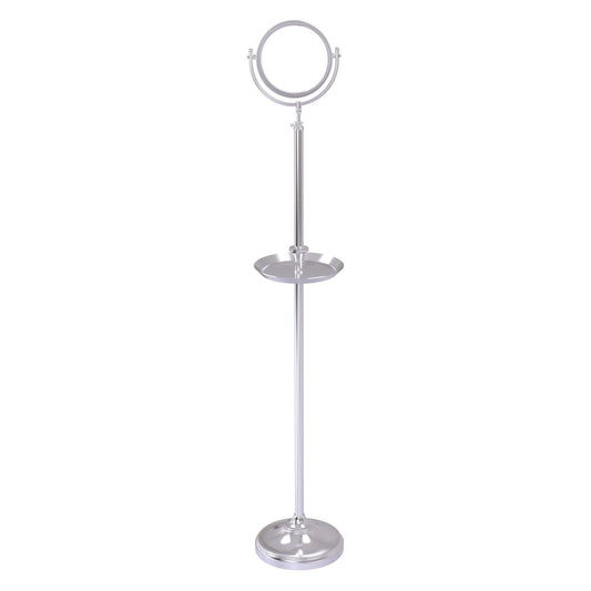 Allied Brass DMF-3/3X 10.5" x 10.5" Satin Chrome Solid Brass Floor Standing Make-Up Mirror With 3X Magnification and Shaving Tray
