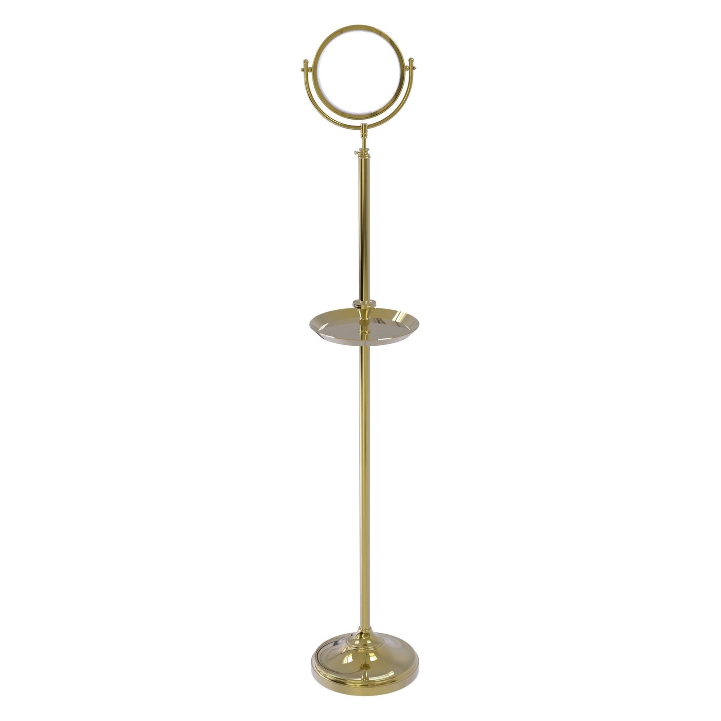 Allied Brass DMF-3/3X 10.5" x 10.5" Unlacquered Brass Solid Brass Floor Standing Make-Up Mirror With 3X Magnification and Shaving Tray