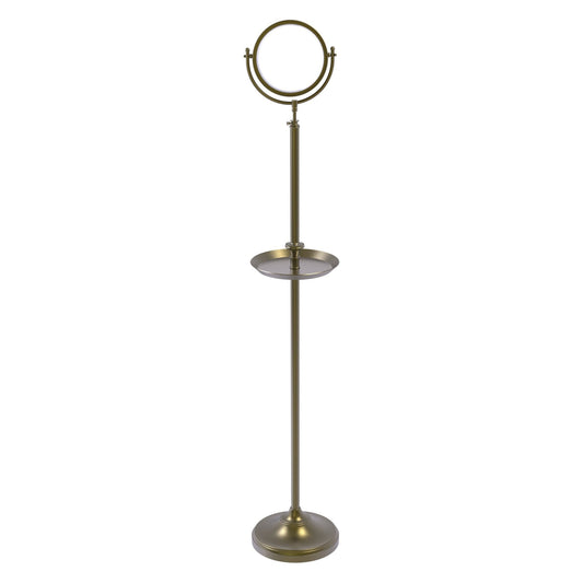 Allied Brass DMF-3/4X 10.5" x 10.5" Antique Brass Solid Brass Floor Standing Make-Up Mirror With 4X Magnification and Shaving Tray