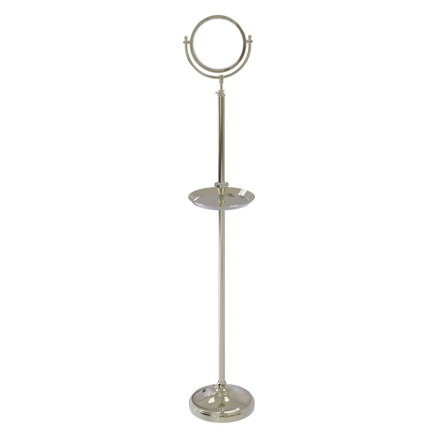 Allied Brass DMF-3/4X 10.5" x 10.5" Polished Nickel Solid Brass Floor Standing Make-Up Mirror With 4X Magnification and Shaving Tray