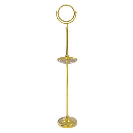 Allied Brass DMF-3/5X 10.5" x 10.5" Polished Brass Solid Brass Floor Standing Make-Up Mirror With 5X Magnification and Shaving Tray
