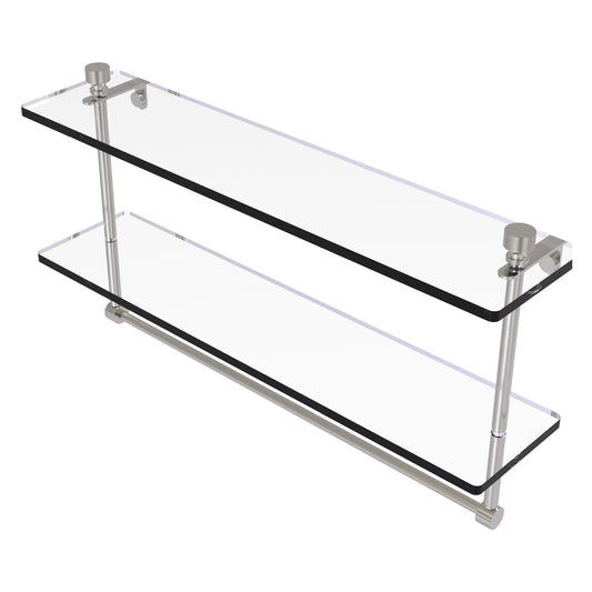 Allied Brass Foxtrot 22" x 5" Satin Nickel Solid Brass Two-Tiered Glass Shelf With Integrated Towel Bar
