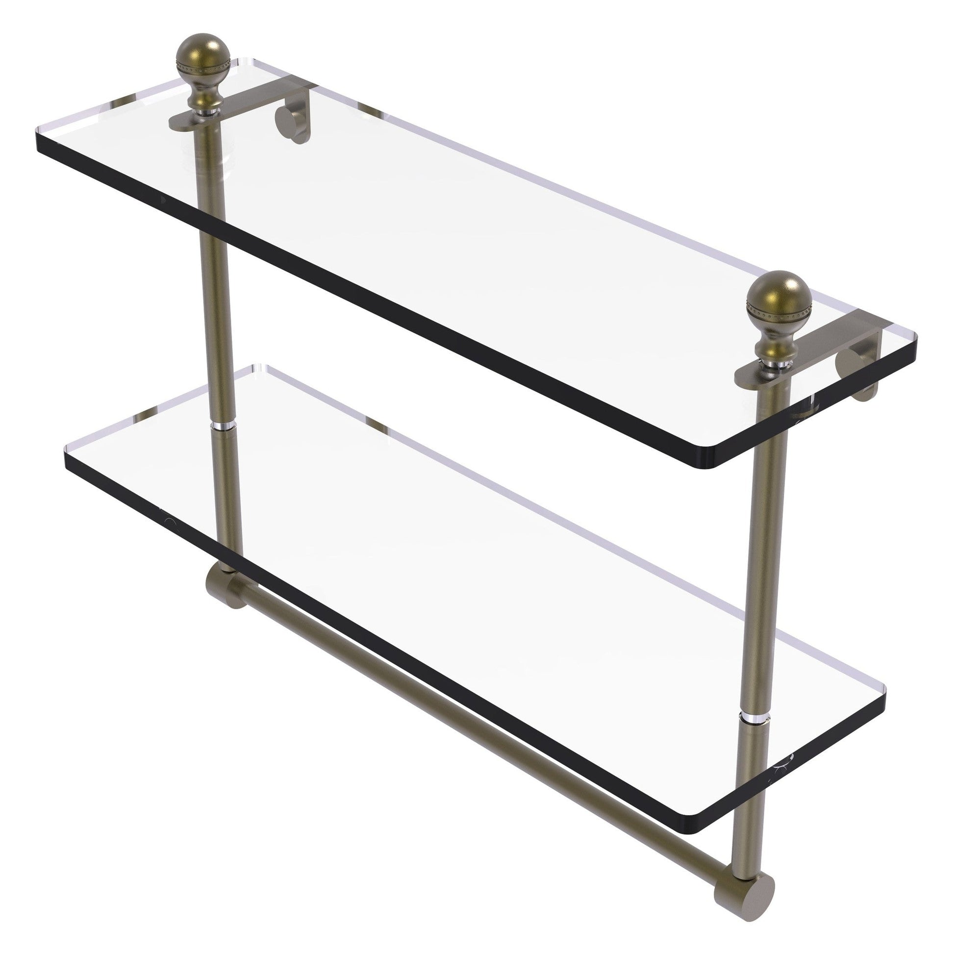 Allied Brass Mambo 16" x 5" Antique Brass Solid Brass Two-Tiered Glass Shelf With Integrated Towel Bar