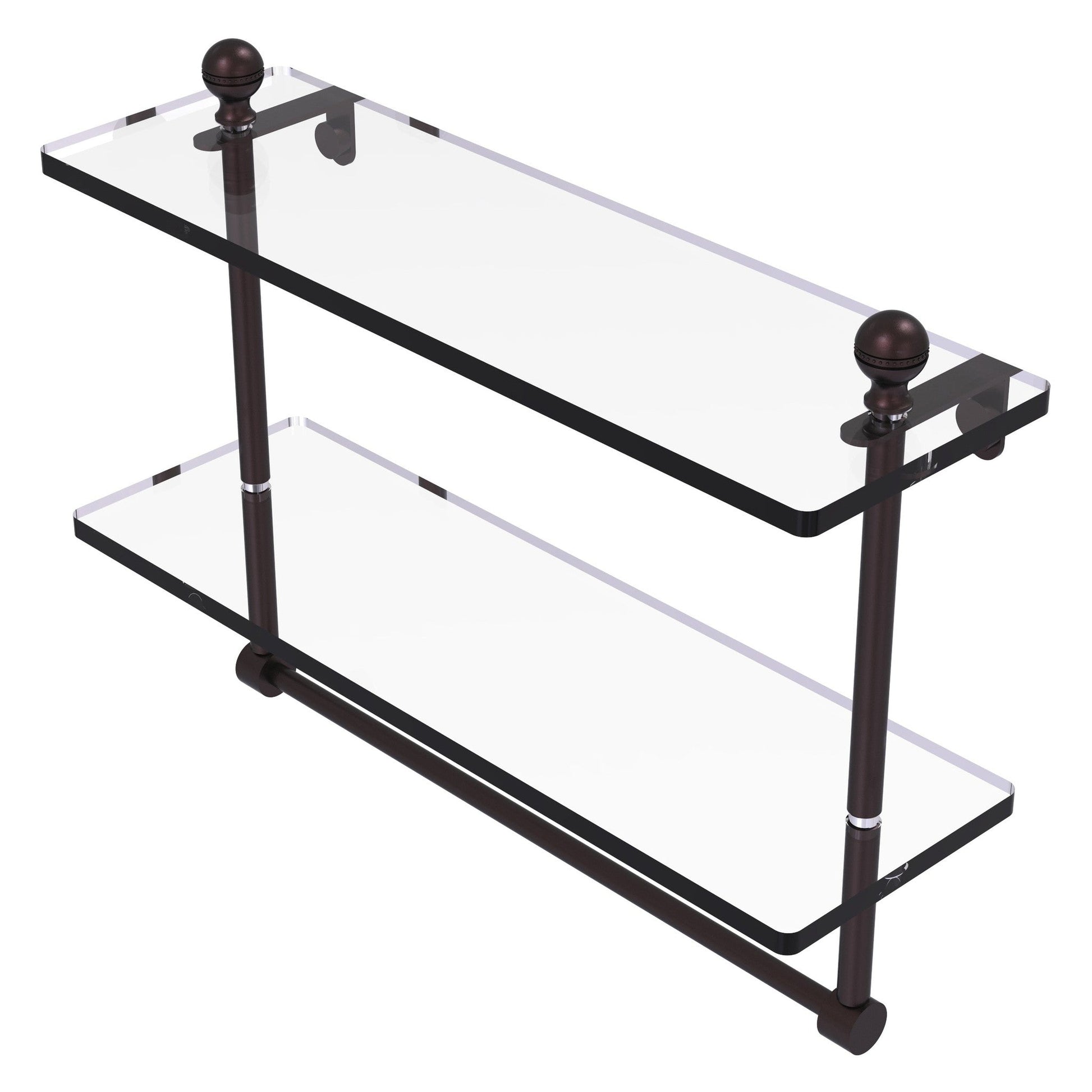 Allied Brass Mambo 16" x 5" Antique Bronze Solid Brass Two-Tiered Glass Shelf With Integrated Towel Bar