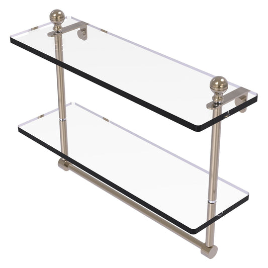 Allied Brass Mambo 16" x 5" Antique Pewter Solid Brass Two-Tiered Glass Shelf With Integrated Towel Bar