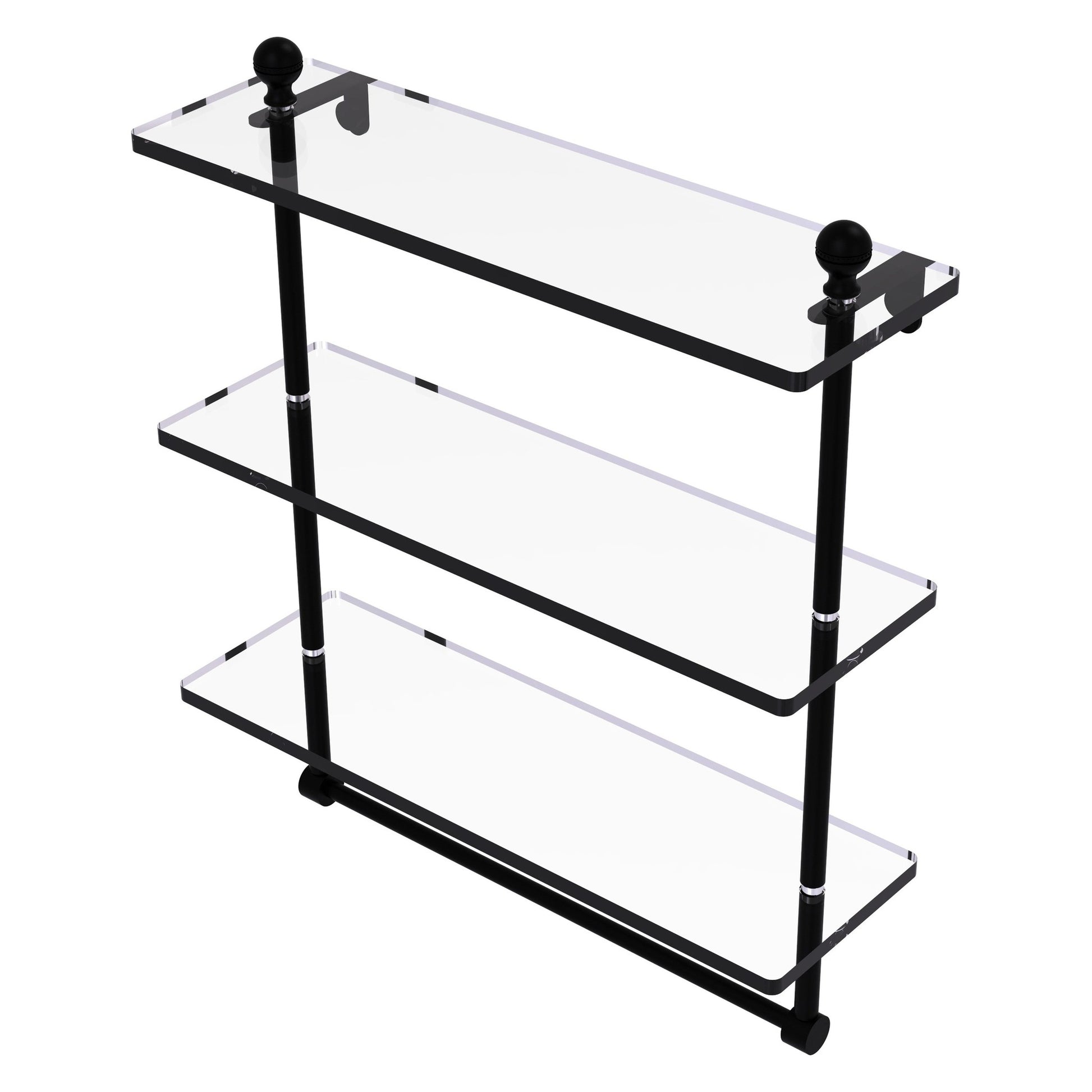 Allied Brass Mambo 16" x 5" Matte Black Solid Brass Triple Tiered Glass Shelf With Integrated Towel Bar