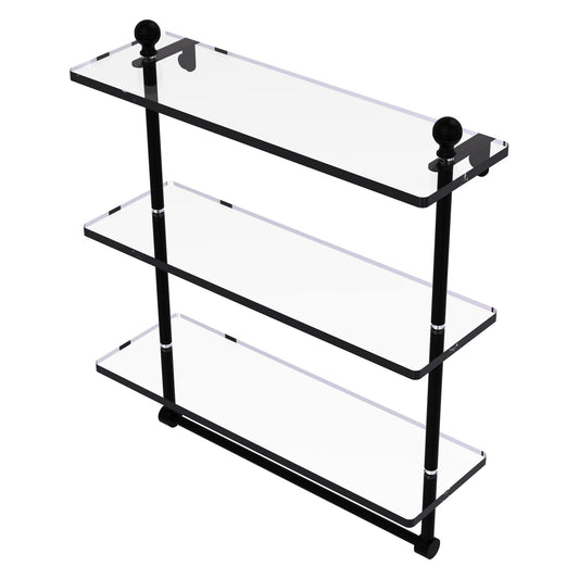 Allied Brass Mambo 16" x 5" Matte Black Solid Brass Triple Tiered Glass Shelf With Integrated Towel Bar