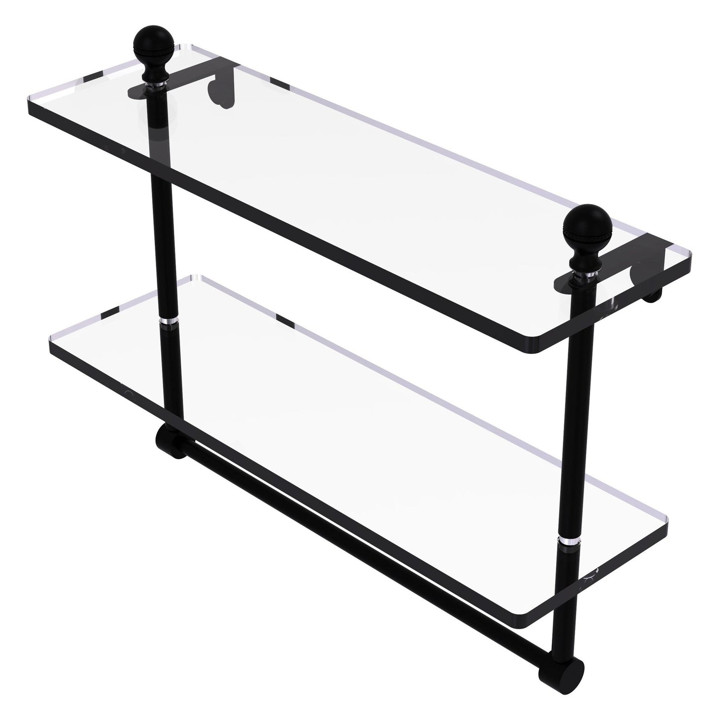 Allied Brass Mambo 16" x 5" Matte Black Solid Brass Two-Tiered Glass Shelf With Integrated Towel Bar