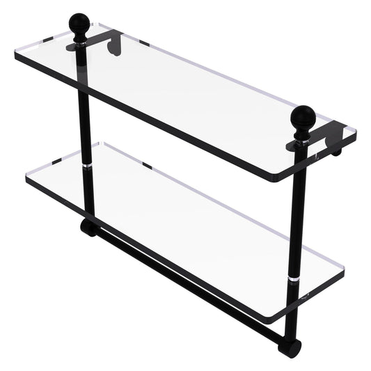 Allied Brass Mambo 16" x 5" Matte Black Solid Brass Two-Tiered Glass Shelf With Integrated Towel Bar