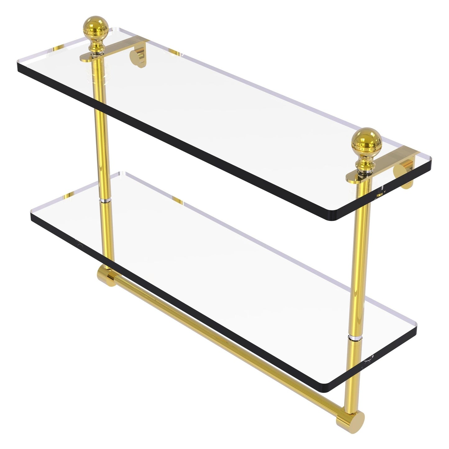 Allied Brass Mambo 16" x 5" Polished Brass Solid Brass Two-Tiered Glass Shelf With Integrated Towel Bar