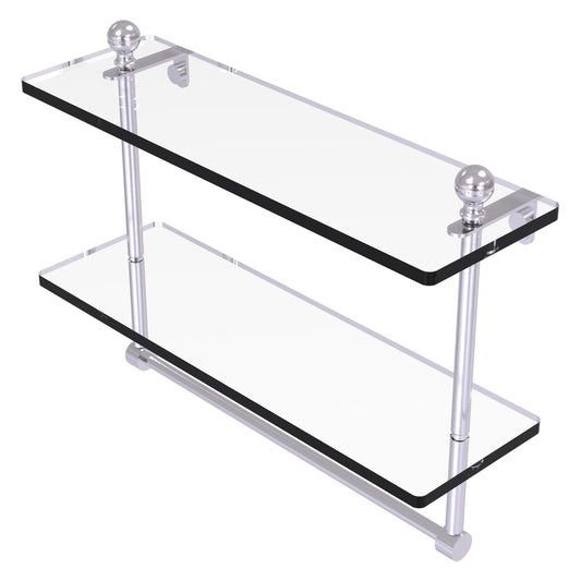 Allied Brass Mambo 16" x 5" Satin Chrome Solid Brass Two-Tiered Glass Shelf With Integrated Towel Bar