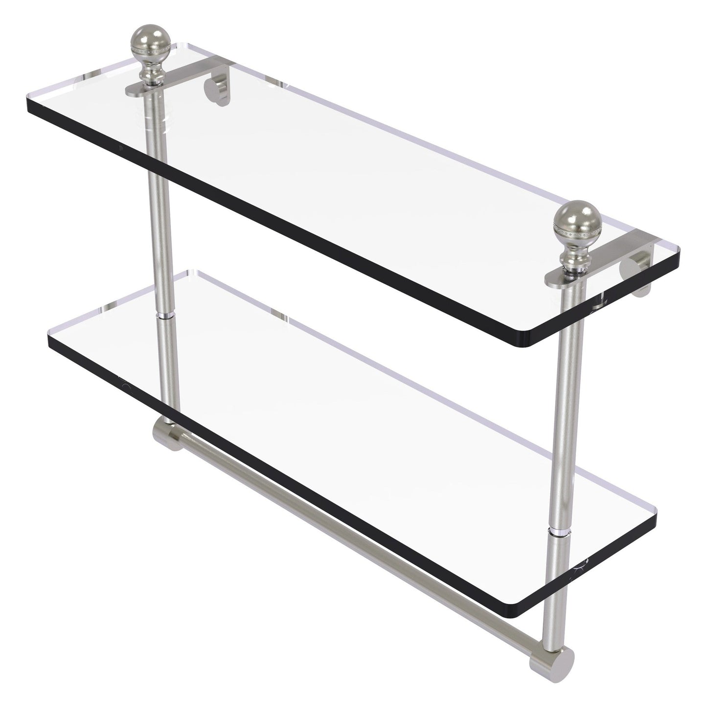 Allied Brass Mambo 16" x 5" Satin Nickel Solid Brass Two-Tiered Glass Shelf With Integrated Towel Bar