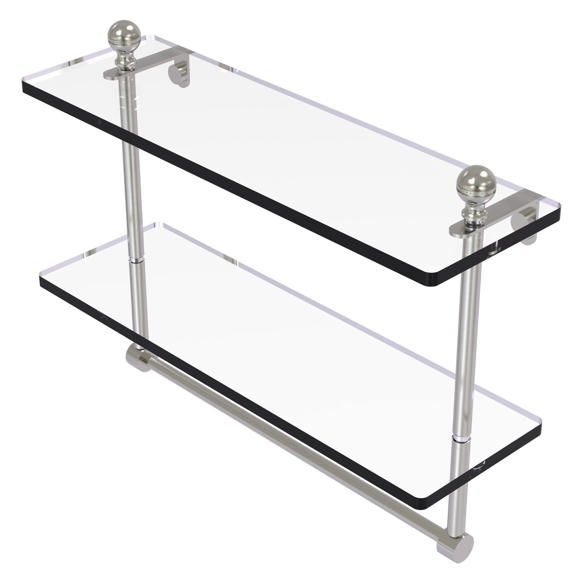 Allied Brass Mambo 16" x 5" Satin Nickel Solid Brass Two-Tiered Glass Shelf With Integrated Towel Bar
