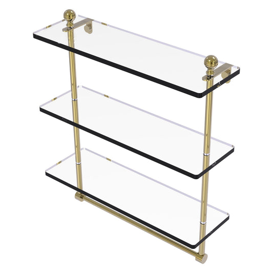 Allied Brass Mambo 16" x 5" Unlacquered Brass Solid Brass Triple Tiered Glass Shelf With Integrated Towel Bar