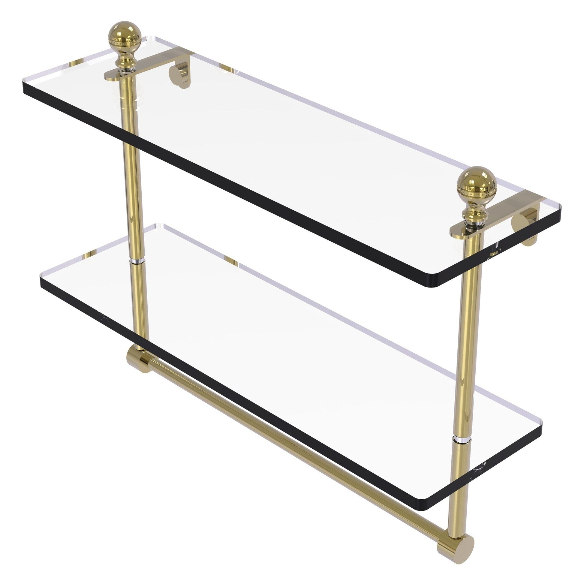 Allied Brass Mambo 16" x 5" Unlacquered Brass Solid Brass Two-Tiered Glass Shelf With Integrated Towel Bar