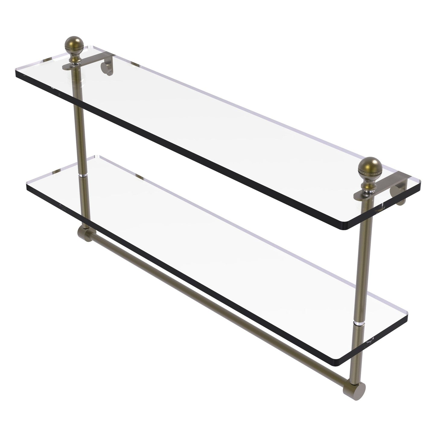 Allied Brass Mambo 22" x 5" Antique Brass Solid Brass Two-Tiered Glass Shelf With Integrated Towel Bar