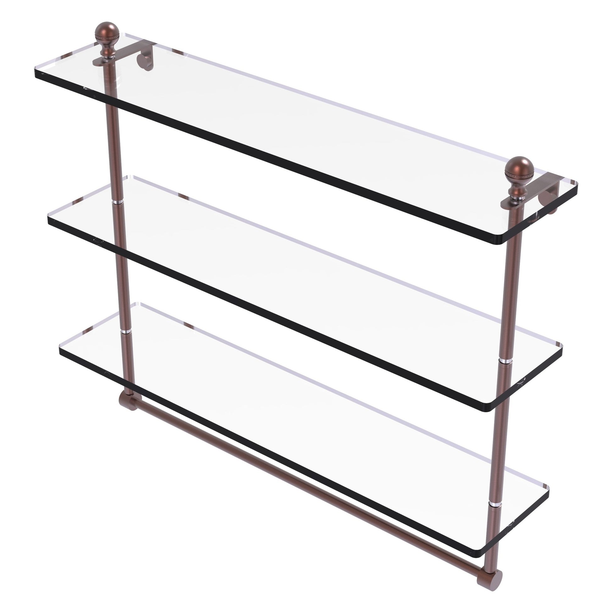 Allied Brass Mambo 22" x 5" Antique Copper Solid Brass Triple Tiered Glass Shelf With Integrated Towel Bar
