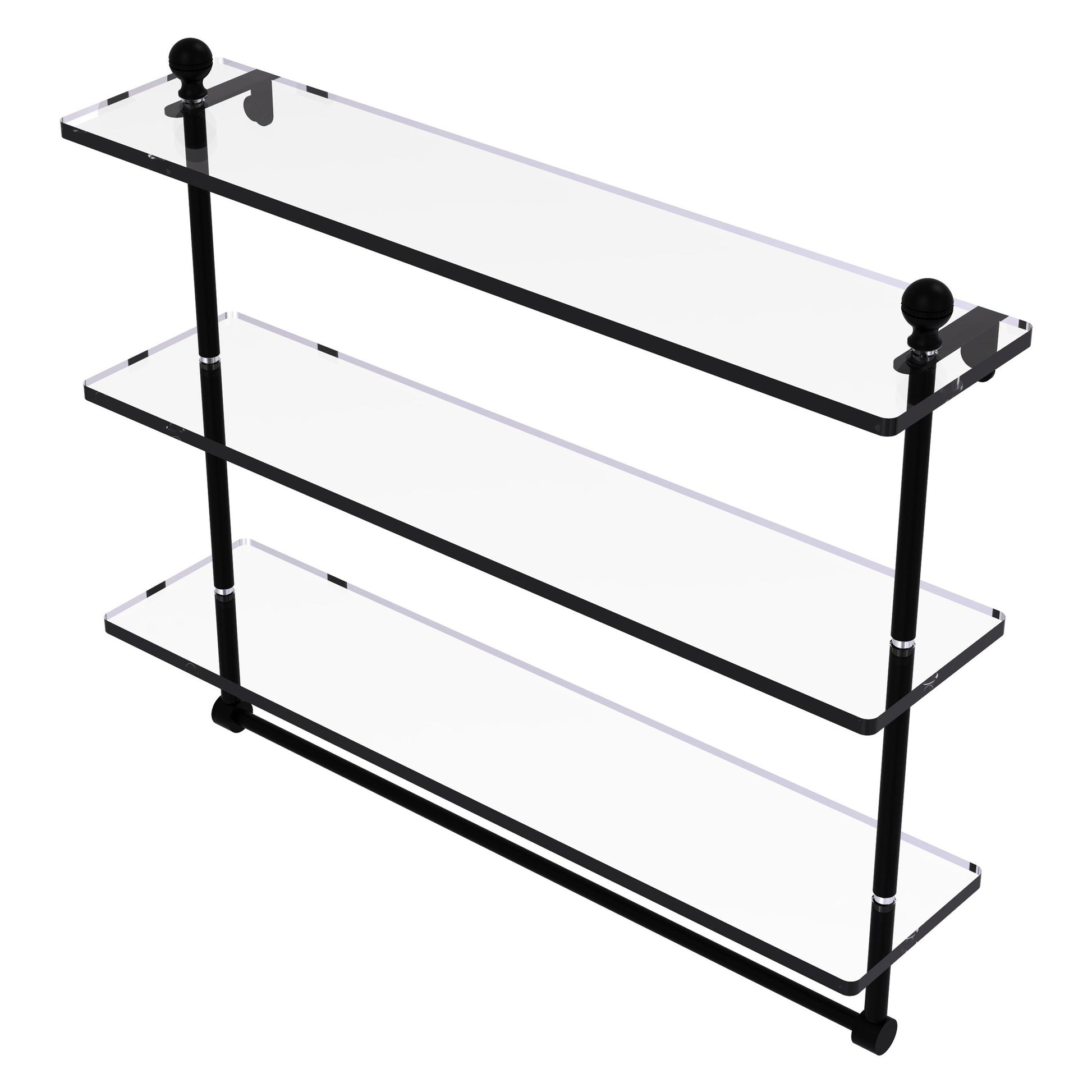 Allied Brass Mambo 22" x 5" Matte Black Solid Brass Triple Tiered Glass Shelf With Integrated Towel Bar