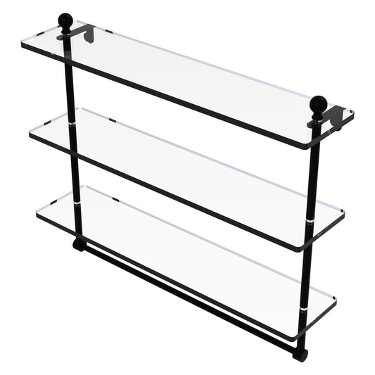 Allied Brass Mambo 22" x 5" Matte Black Solid Brass Triple Tiered Glass Shelf With Integrated Towel Bar