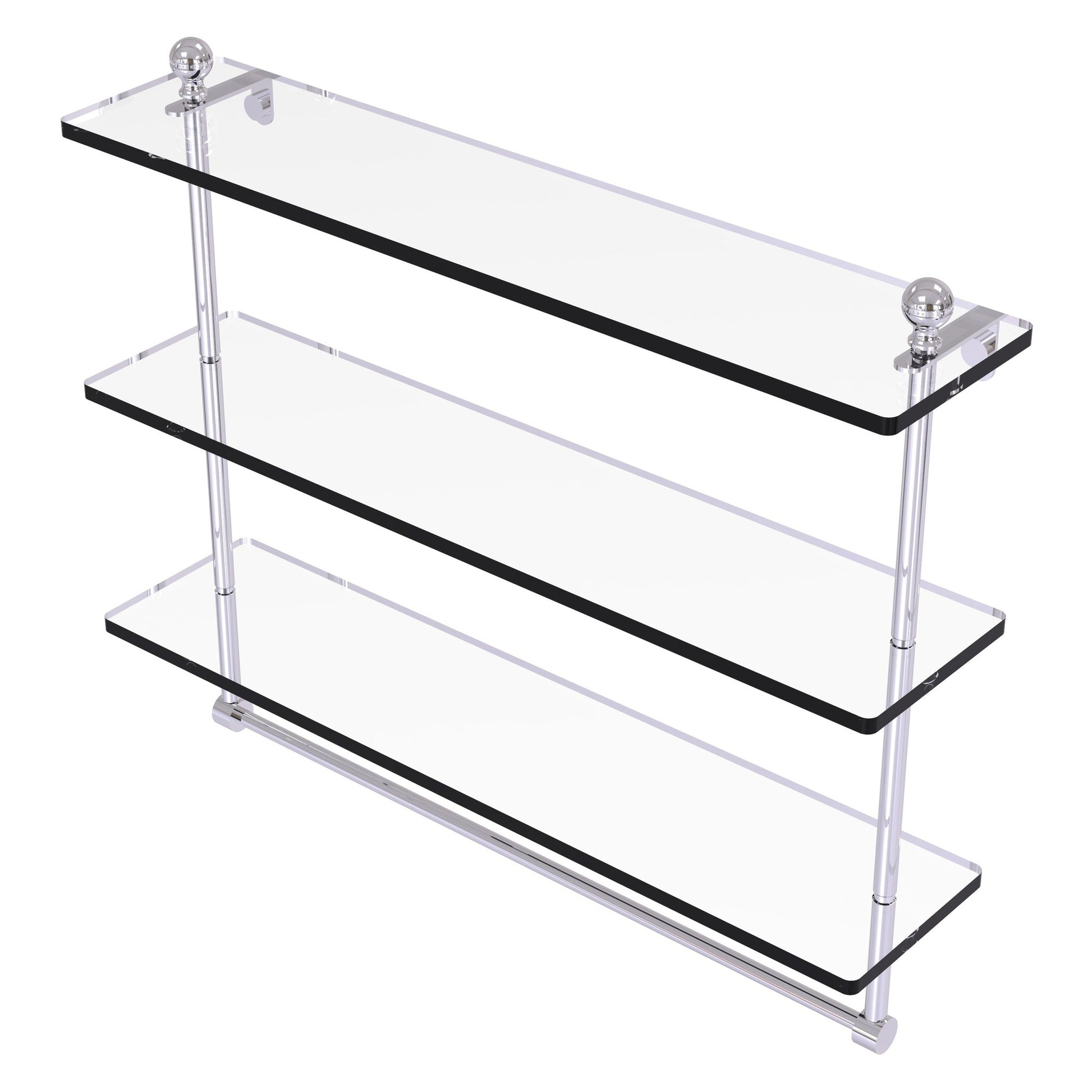 Allied Brass Mambo 22" x 5" Polished Chrome Solid Brass Triple Tiered Glass Shelf With Integrated Towel Bar