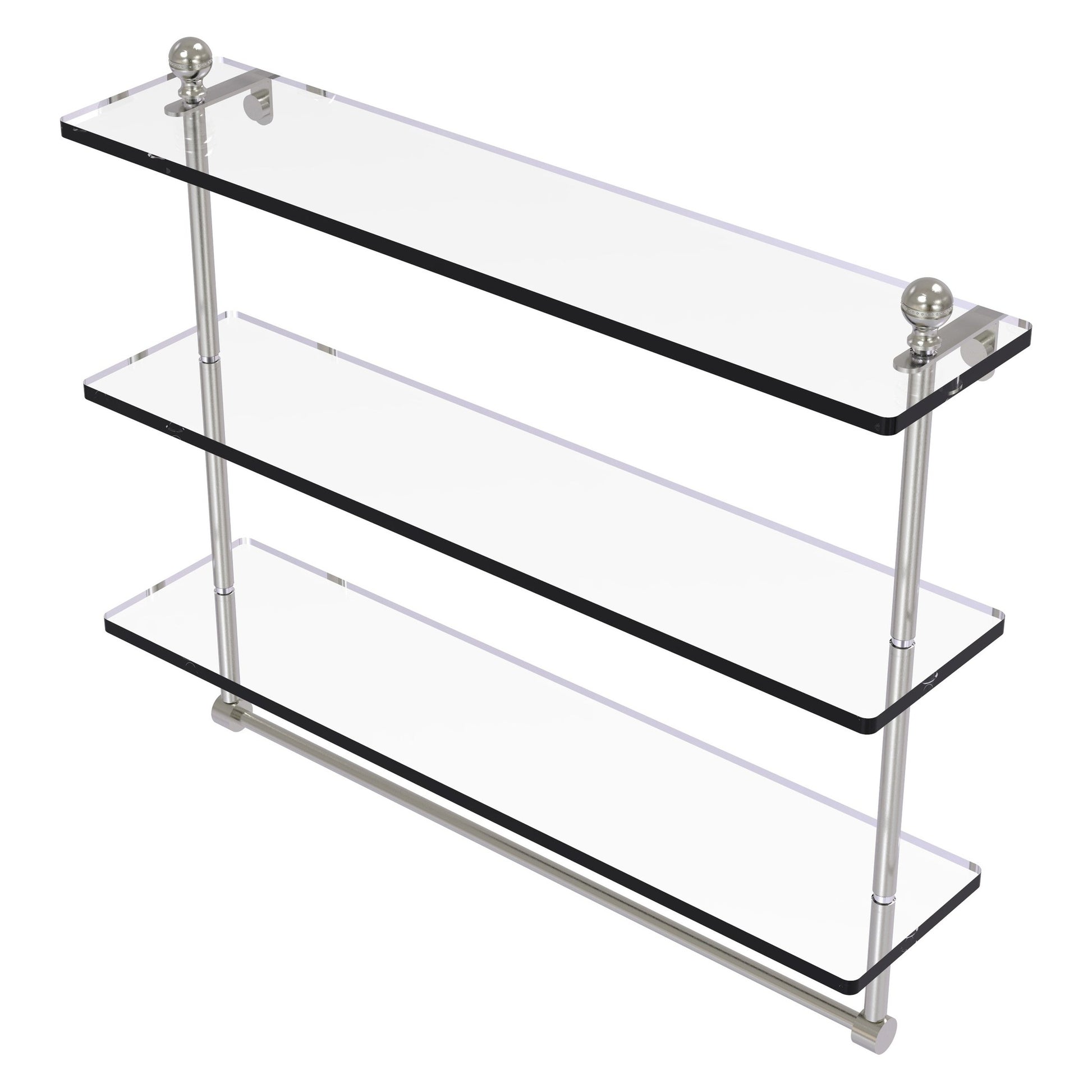 Allied Brass Mambo 22" x 5" Satin Nickel Solid Brass Triple Tiered Glass Shelf With Integrated Towel Bar