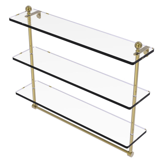 Allied Brass Mambo 22" x 5" Unlacquered Brass Solid Brass Triple Tiered Glass Shelf With Integrated Towel Bar