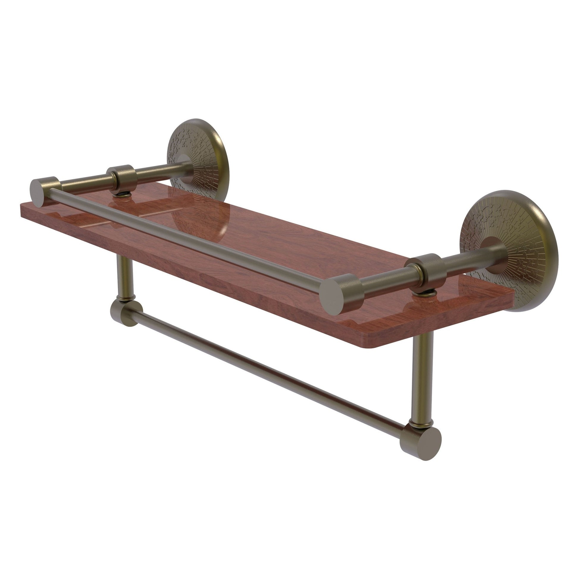 Allied Brass Monte Carlo 16" x 5" Antique Brass Solid Brass IPE Ironwood Shelf With Gallery Rail and Towel Bar