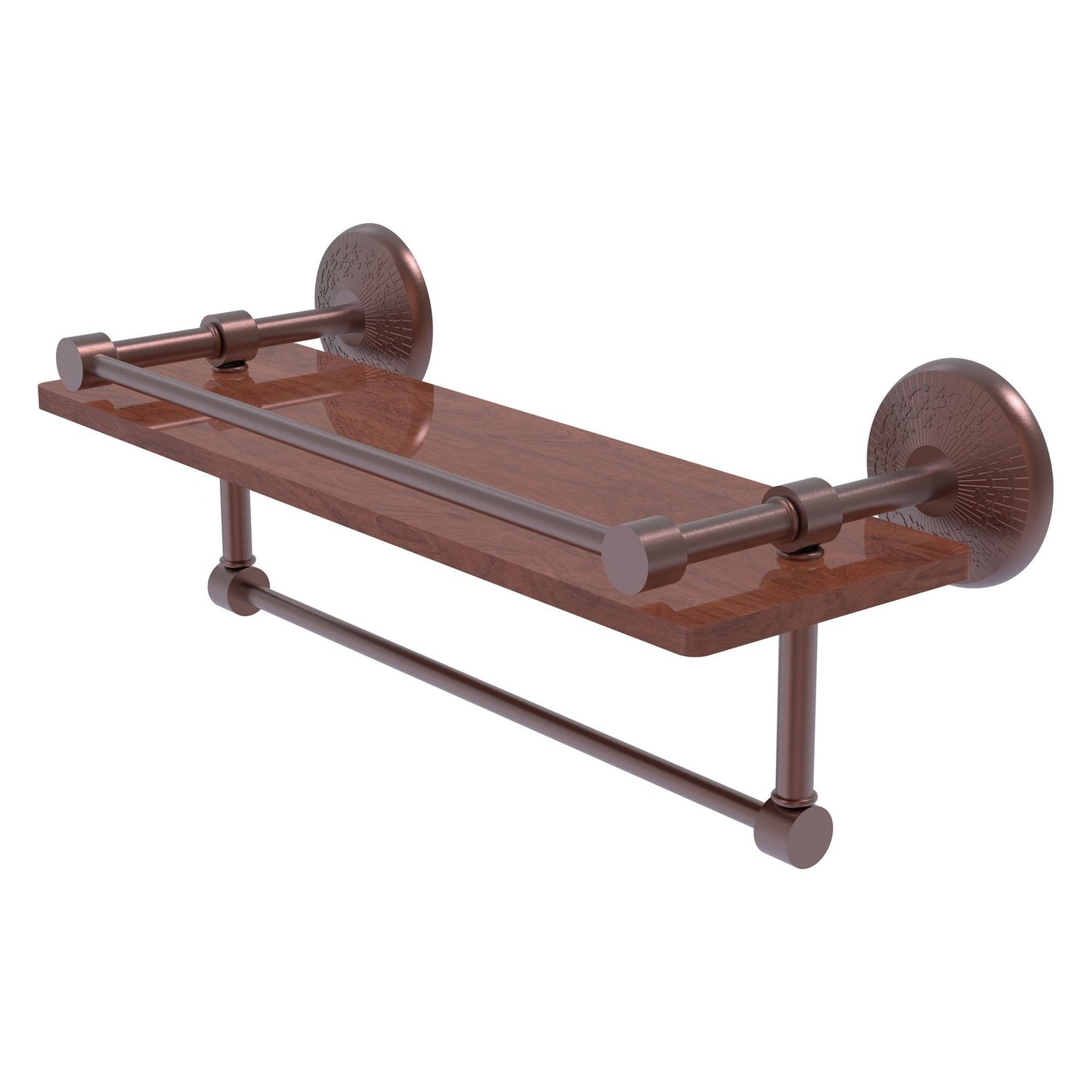 Allied Brass Monte Carlo 16" x 5" Antique Copper Solid Brass IPE Ironwood Shelf With Gallery Rail and Towel Bar