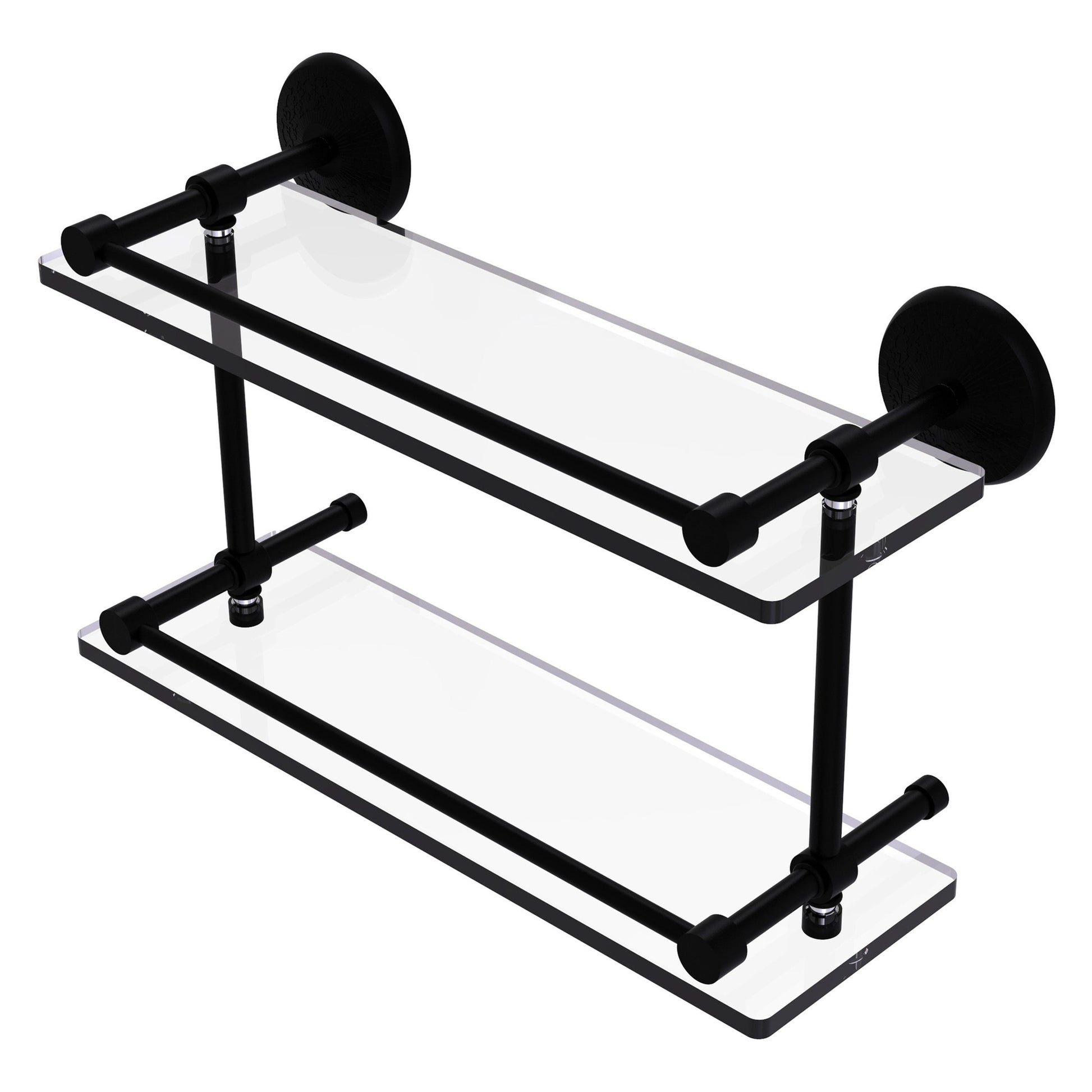 Allied Brass Monte Carlo 16" x 5" Matte Black Solid Brass Double Glass Shelf With Gallery Rail