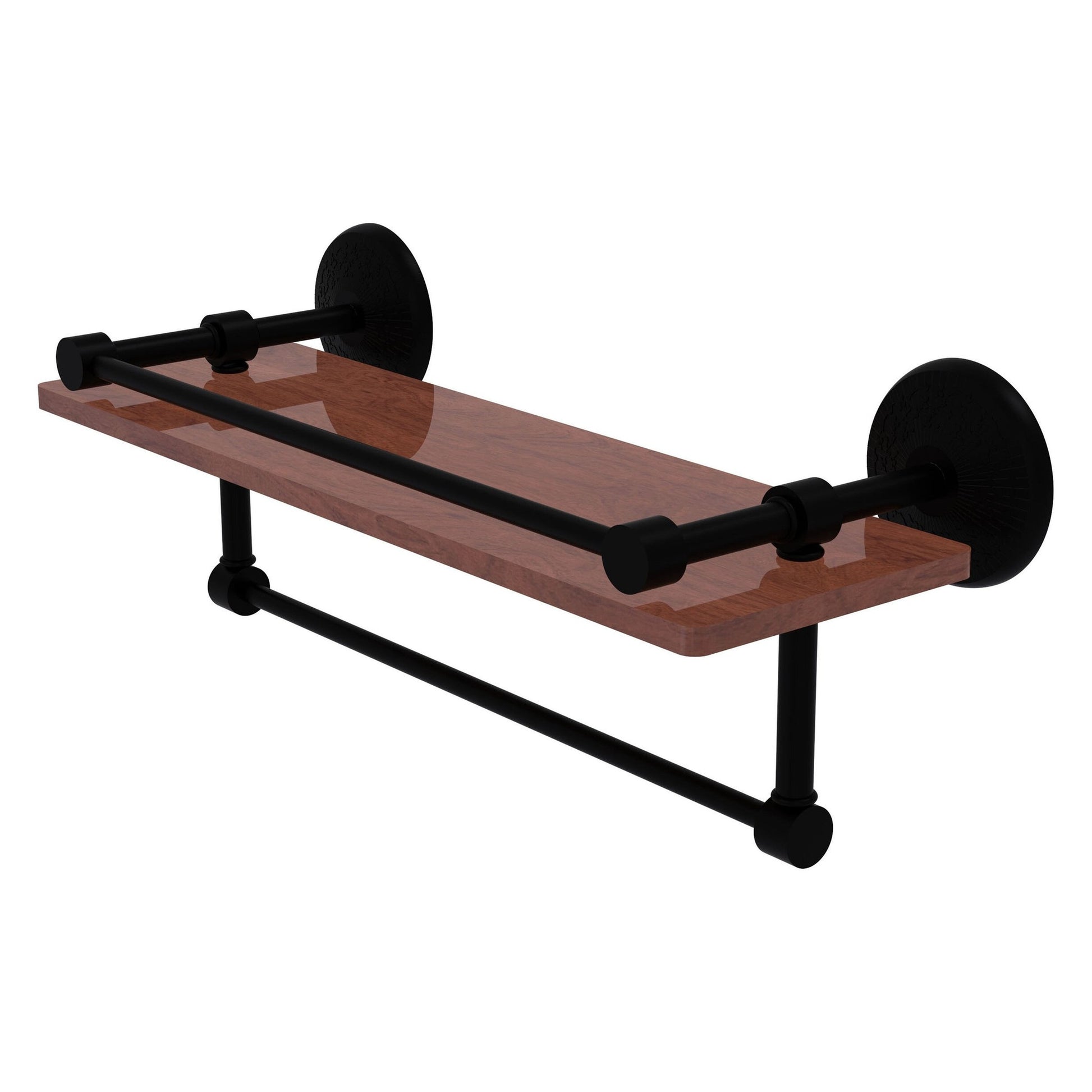 Allied Brass Monte Carlo 16" x 5" Matte Black Solid Brass IPE Ironwood Shelf With Gallery Rail and Towel Bar