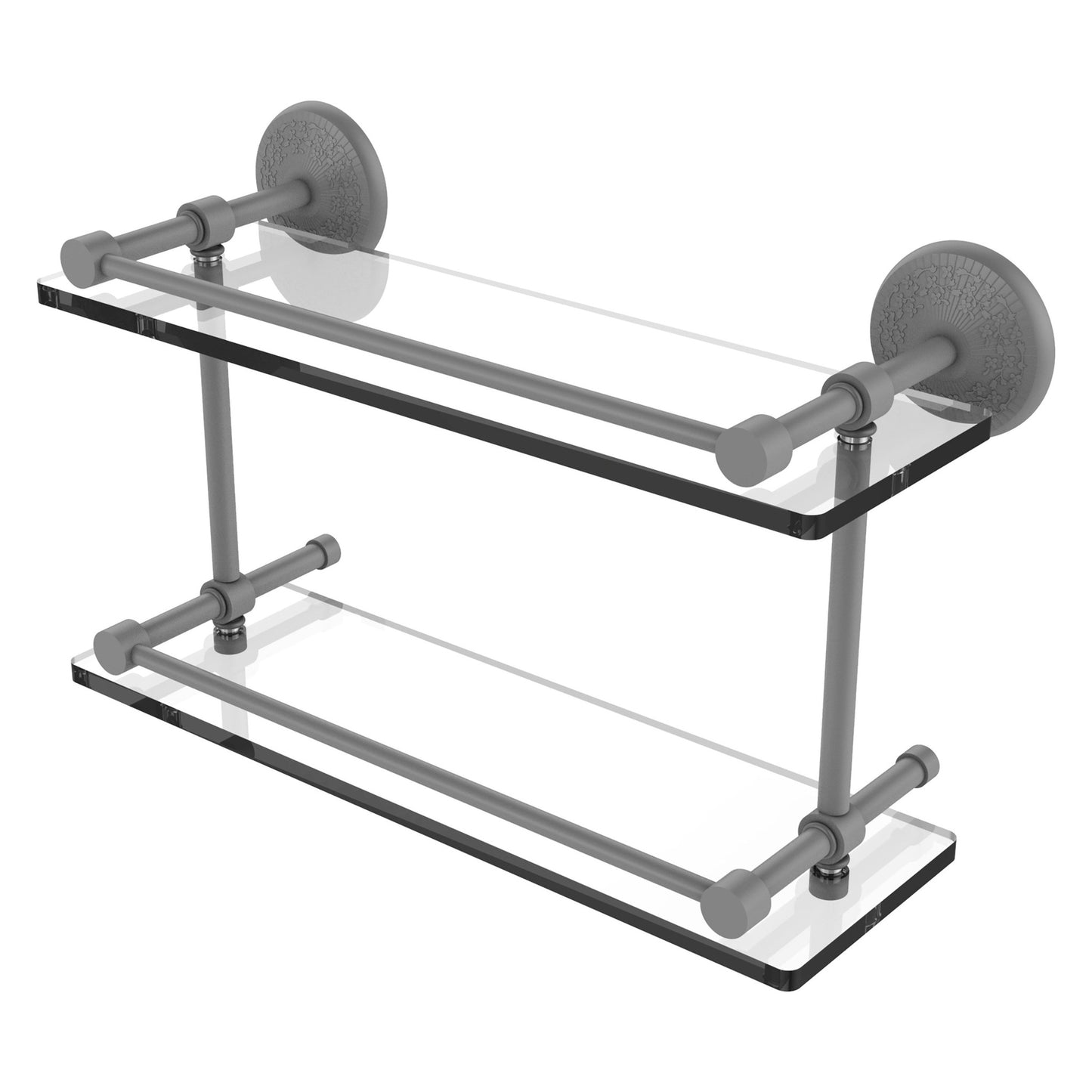 Allied Brass Monte Carlo 16" x 5" Matte Gray Solid Brass Double Glass Shelf With Gallery Rail