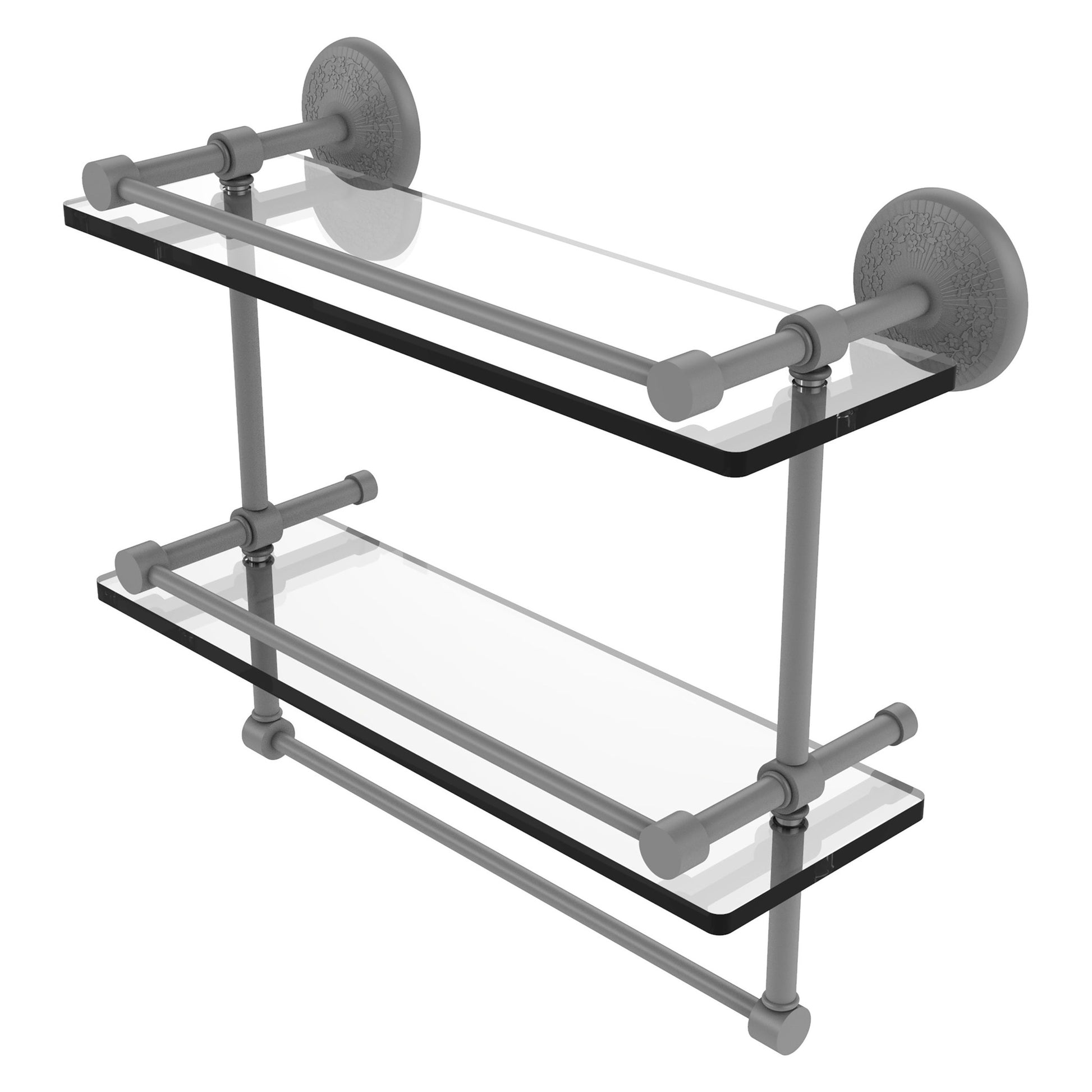 Allied Brass Monte Carlo 16" x 5" Matte Gray Solid Brass Double Glass Shelf With Towel Bar