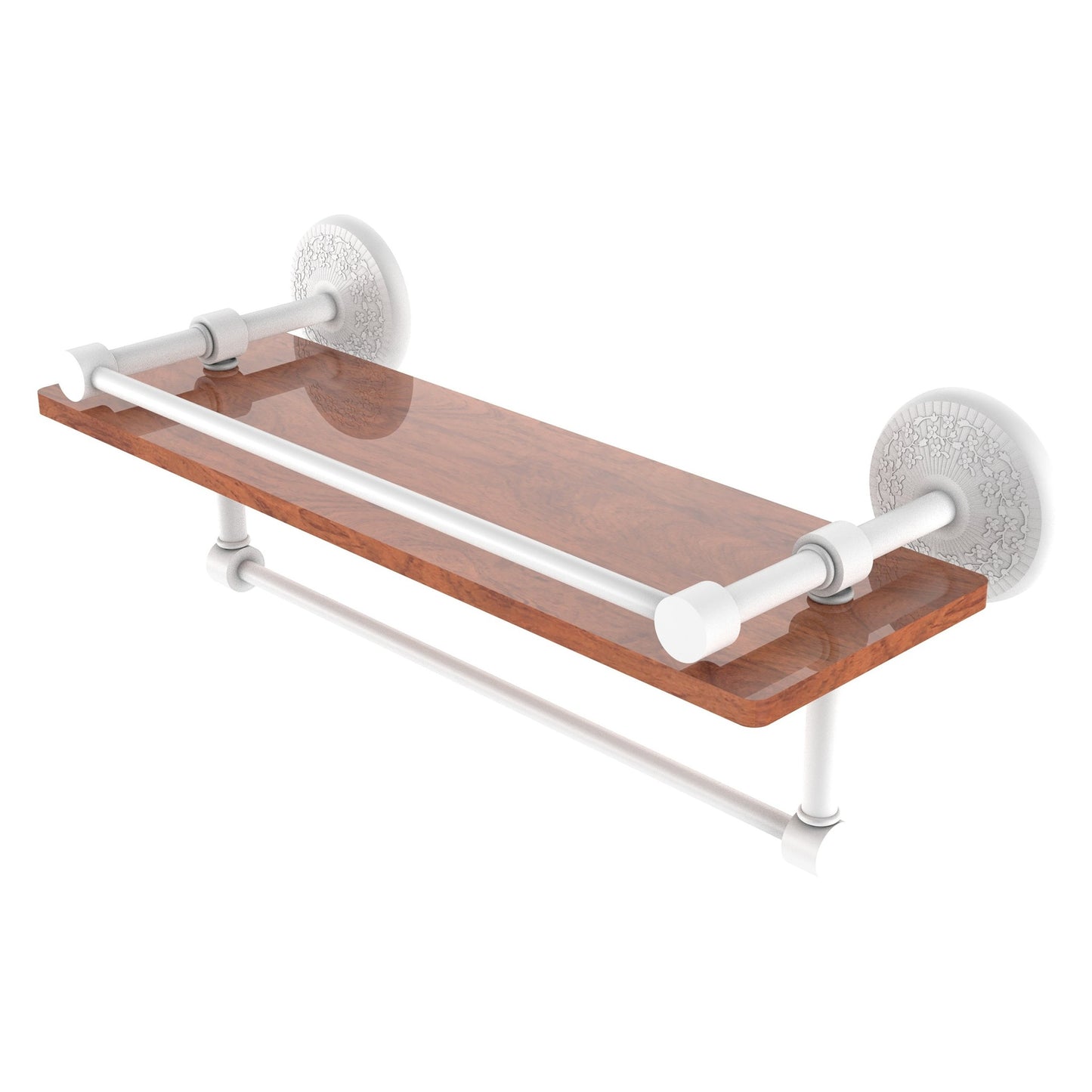 Allied Brass Monte Carlo 16" x 5" Matte White Solid Brass IPE Ironwood Shelf With Gallery Rail and Towel Bar