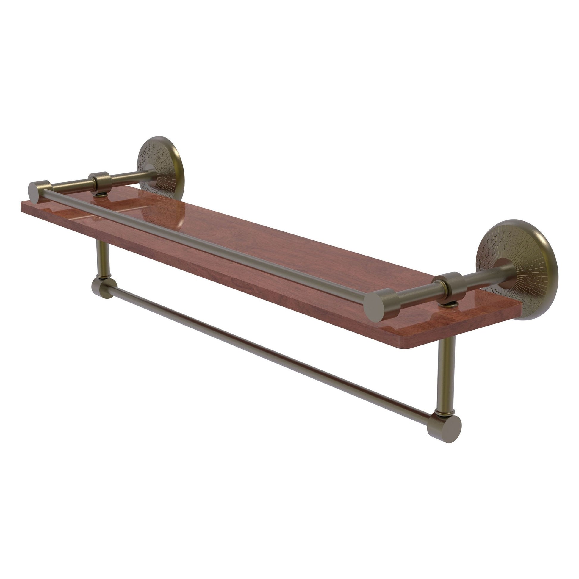 Allied Brass Monte Carlo 22" x 5" Antique Brass Solid Brass IPE Ironwood Shelf With Gallery Rail and Towel Bar