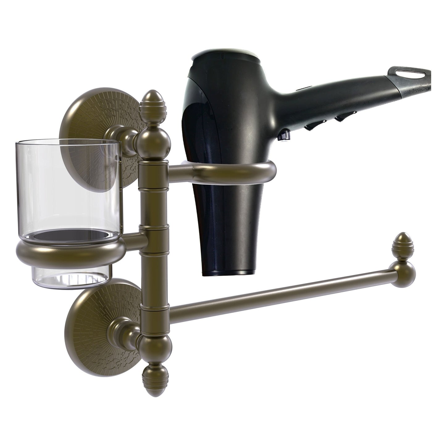 Allied Brass Monte Carlo MC-GTBD-1 15" x 7" Antique Brass Solid Brass Hair Dryer Holder and Organizer