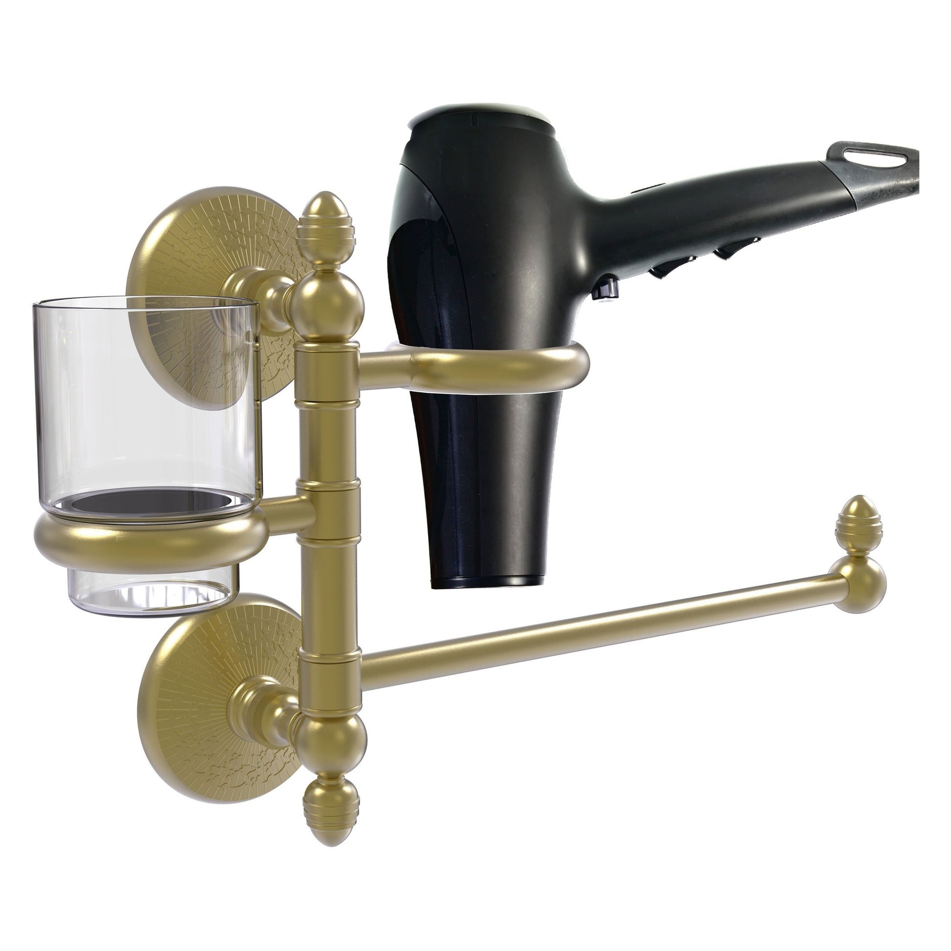 Allied Brass Monte Carlo MC-GTBD-1 15" x 7" Satin Brass Solid Brass Hair Dryer Holder and Organizer