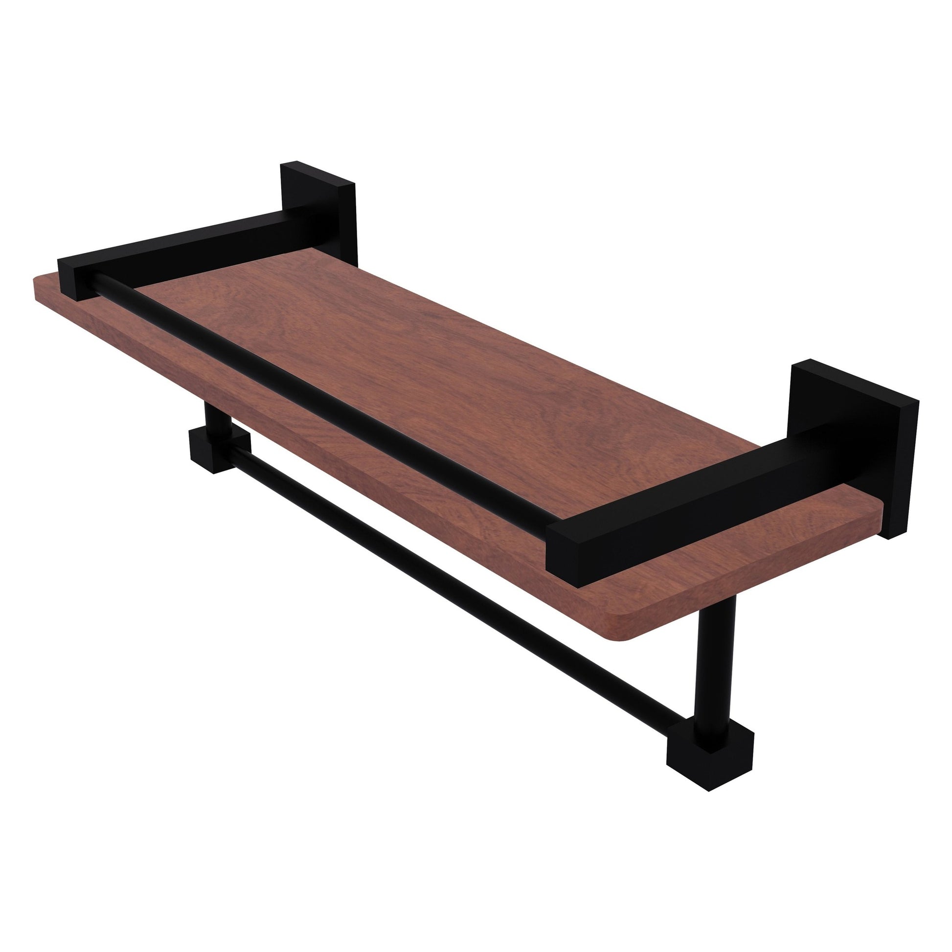 Allied Brass Montero 16" x 5" Matte Black Solid Brass IPE Ironwood Shelf With Gallery Rail and Towel Bar