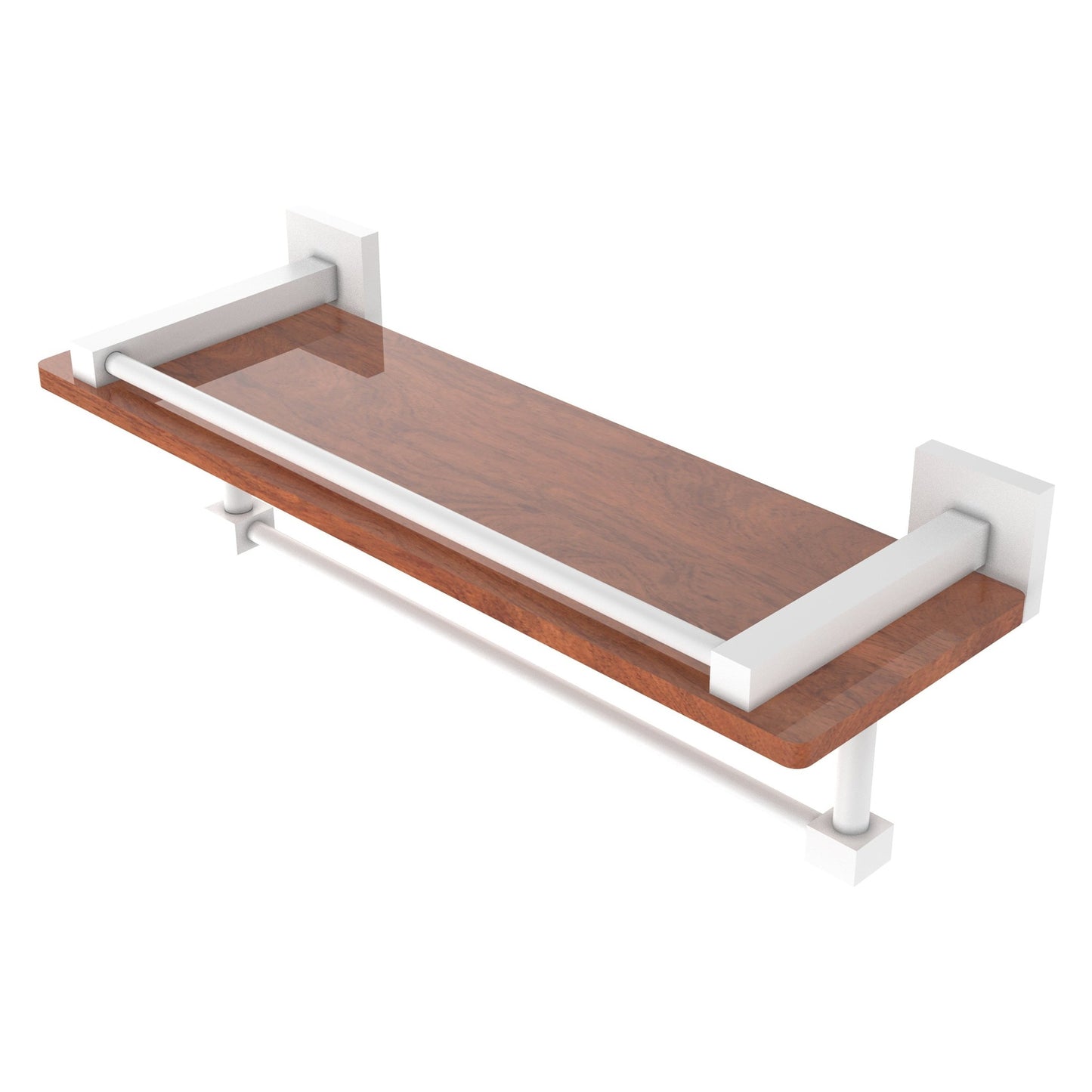 Allied Brass Montero 16" x 5" Matte White Solid Brass IPE Ironwood Shelf With Gallery Rail and Towel Bar