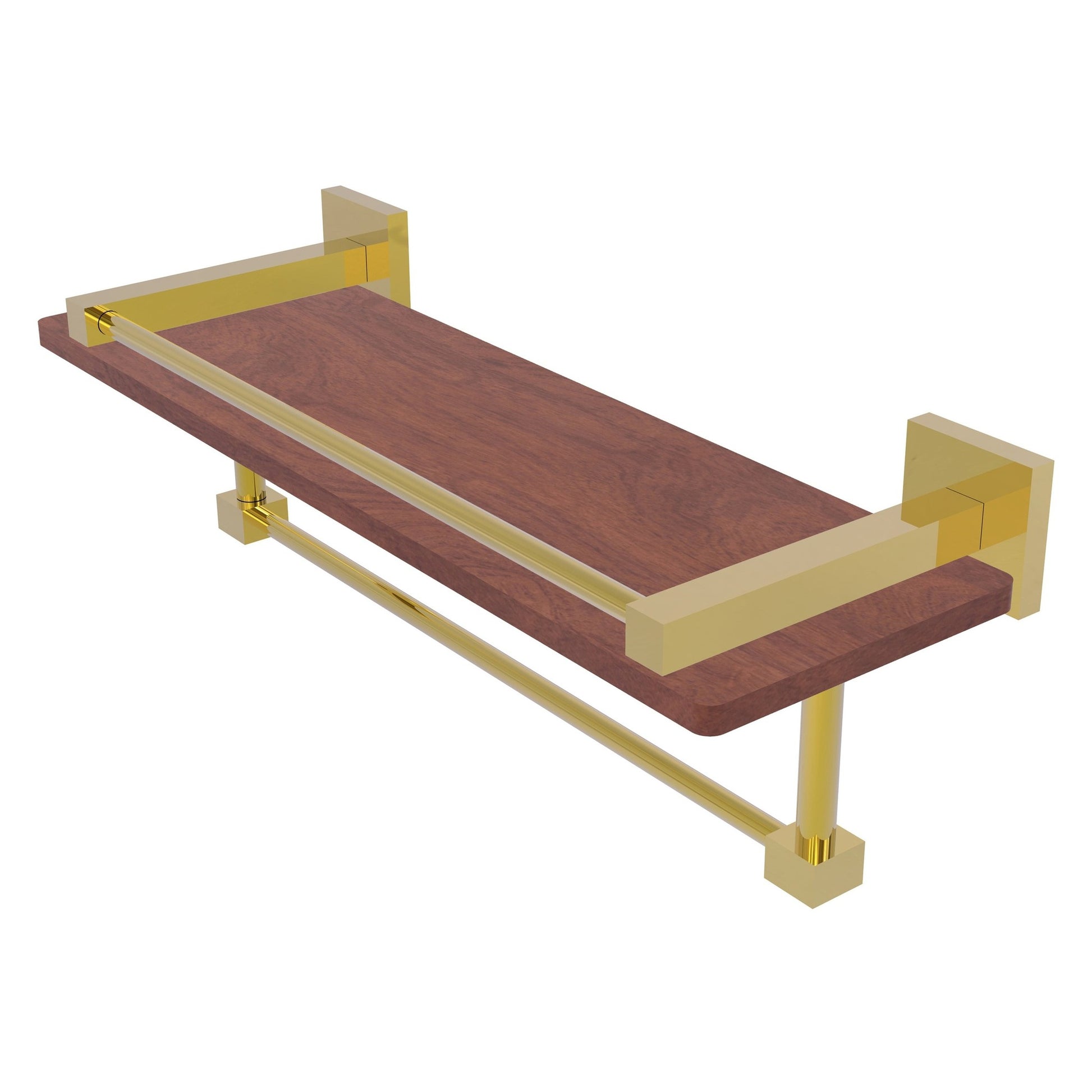 Allied Brass Montero 16" x 5" Polished Brass Solid Brass IPE Ironwood Shelf With Gallery Rail and Towel Bar