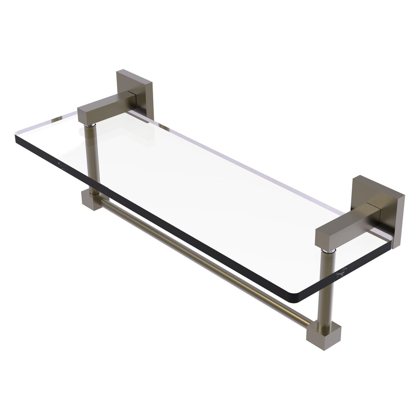Allied Brass Montero 16" x 5.7" Antique Brass Solid Brass Glass Vanity Shelf With Integrated Towel Bar