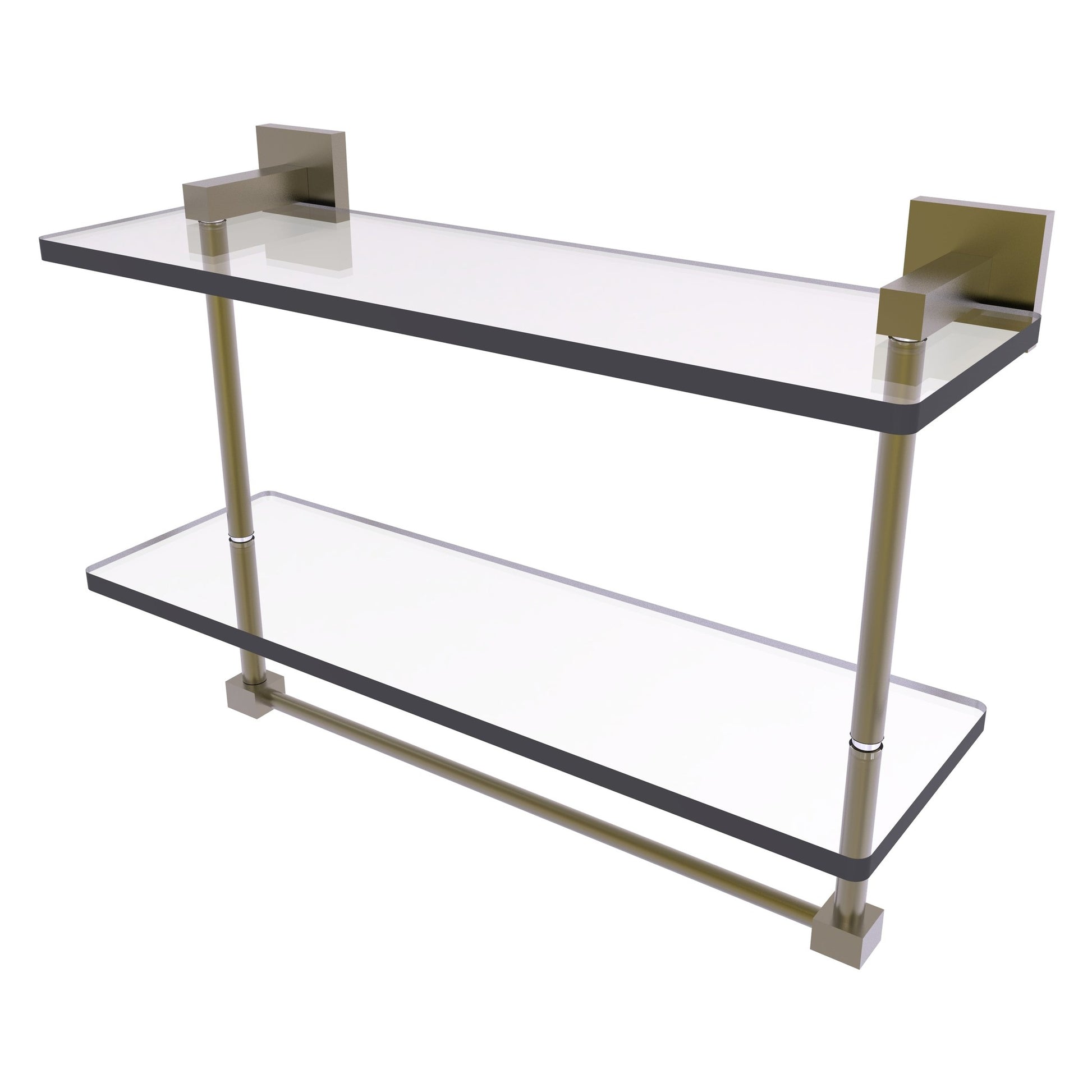 Allied Brass Montero 16" x 5.7" Antique Brass Solid Brass Two-Tiered Glass Shelf With Integrated Towel Bar