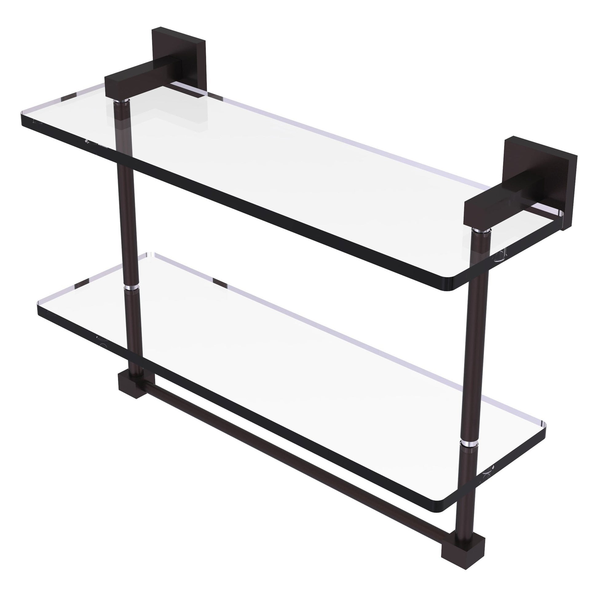 Allied Brass Montero 16" x 5.7" Antique Bronze Solid Brass Two-Tiered Glass Shelf With Integrated Towel Bar