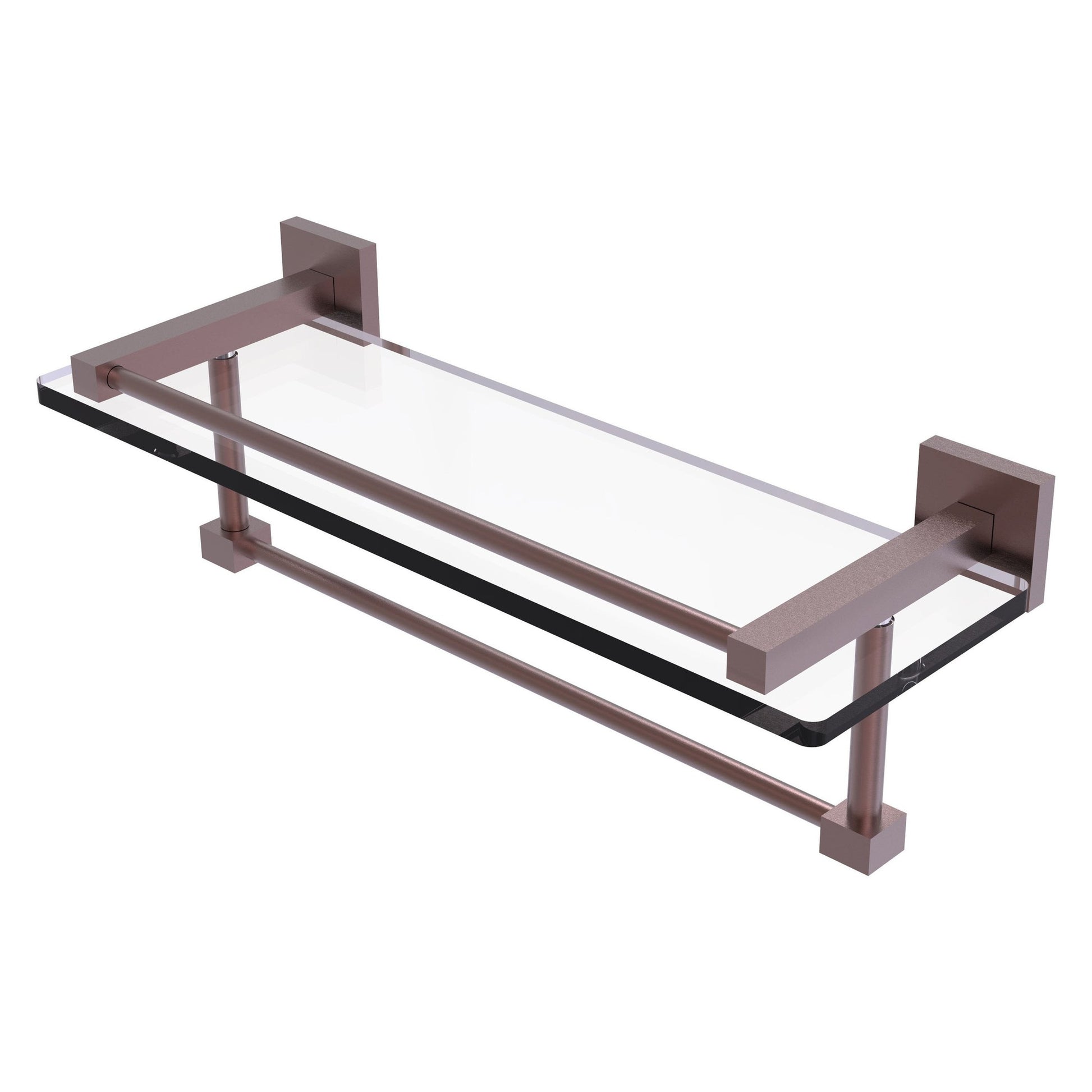 Allied Brass Montero 16" x 5.7" Antique Copper Solid Brass Gallery Glass Shelf With Towel Bar