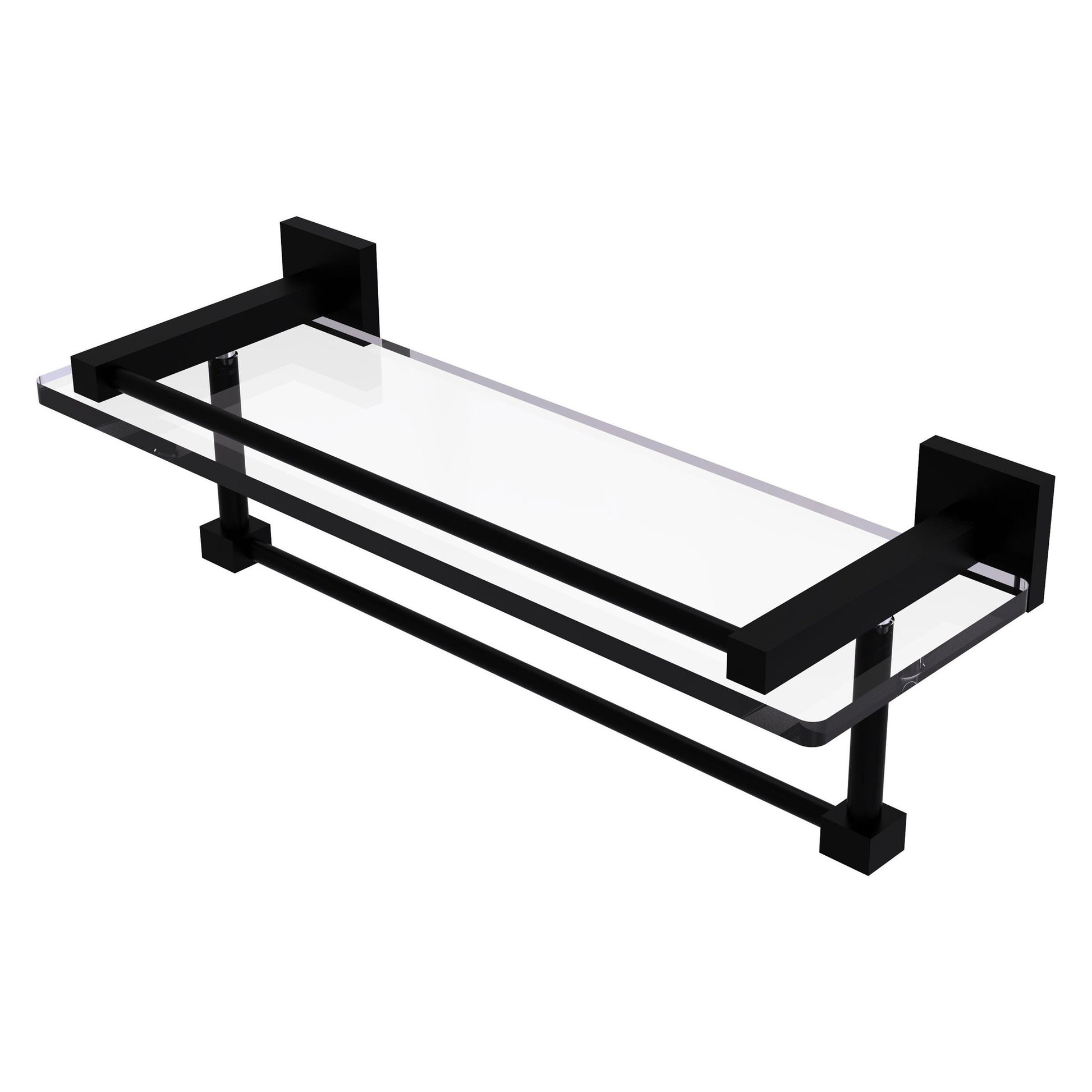 Allied Brass Montero 16" x 5.7" Matte Black Solid Brass Gallery Glass Shelf With Towel Bar