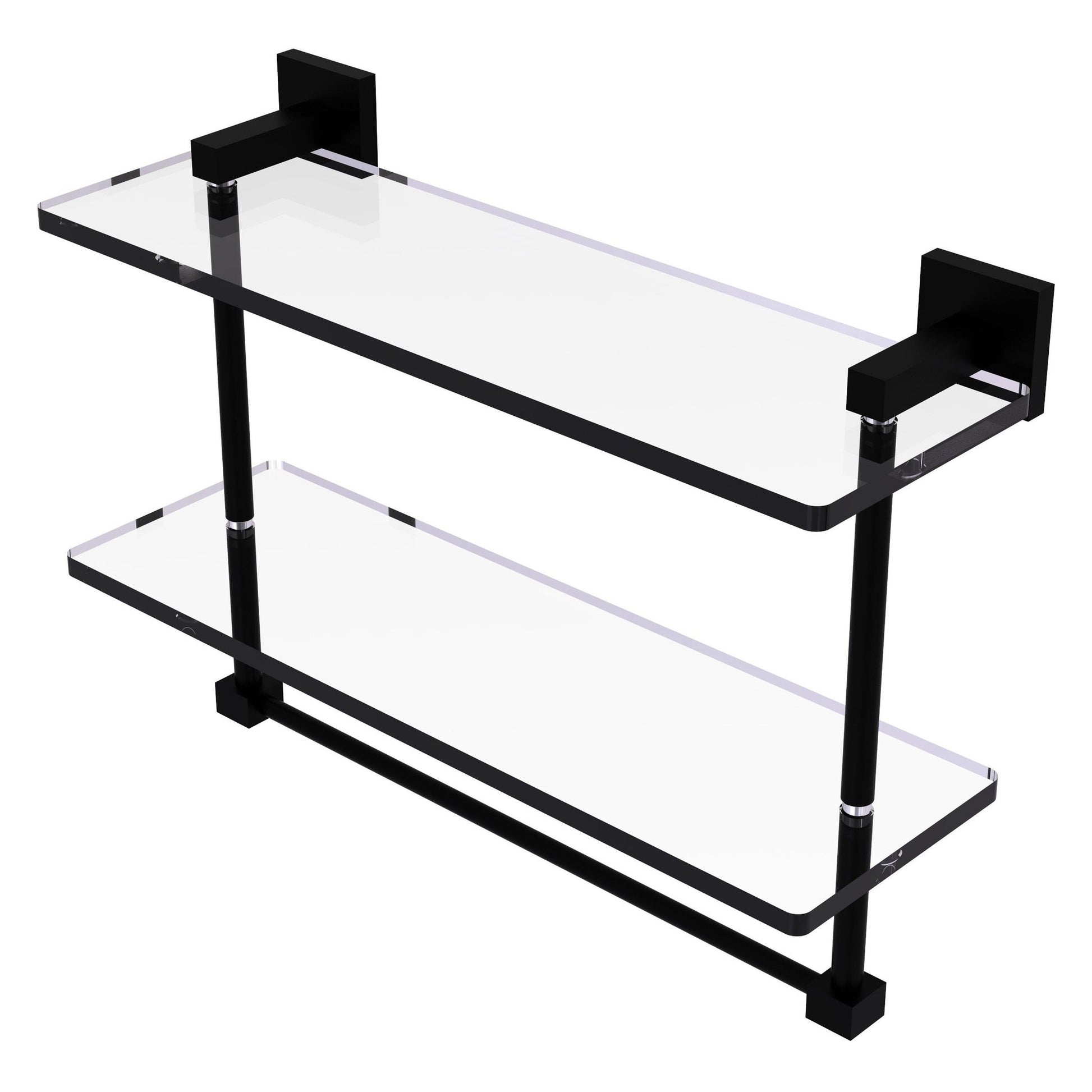 Allied Brass Montero 16" x 5.7" Matte Black Solid Brass Two-Tiered Glass Shelf With Integrated Towel Bar